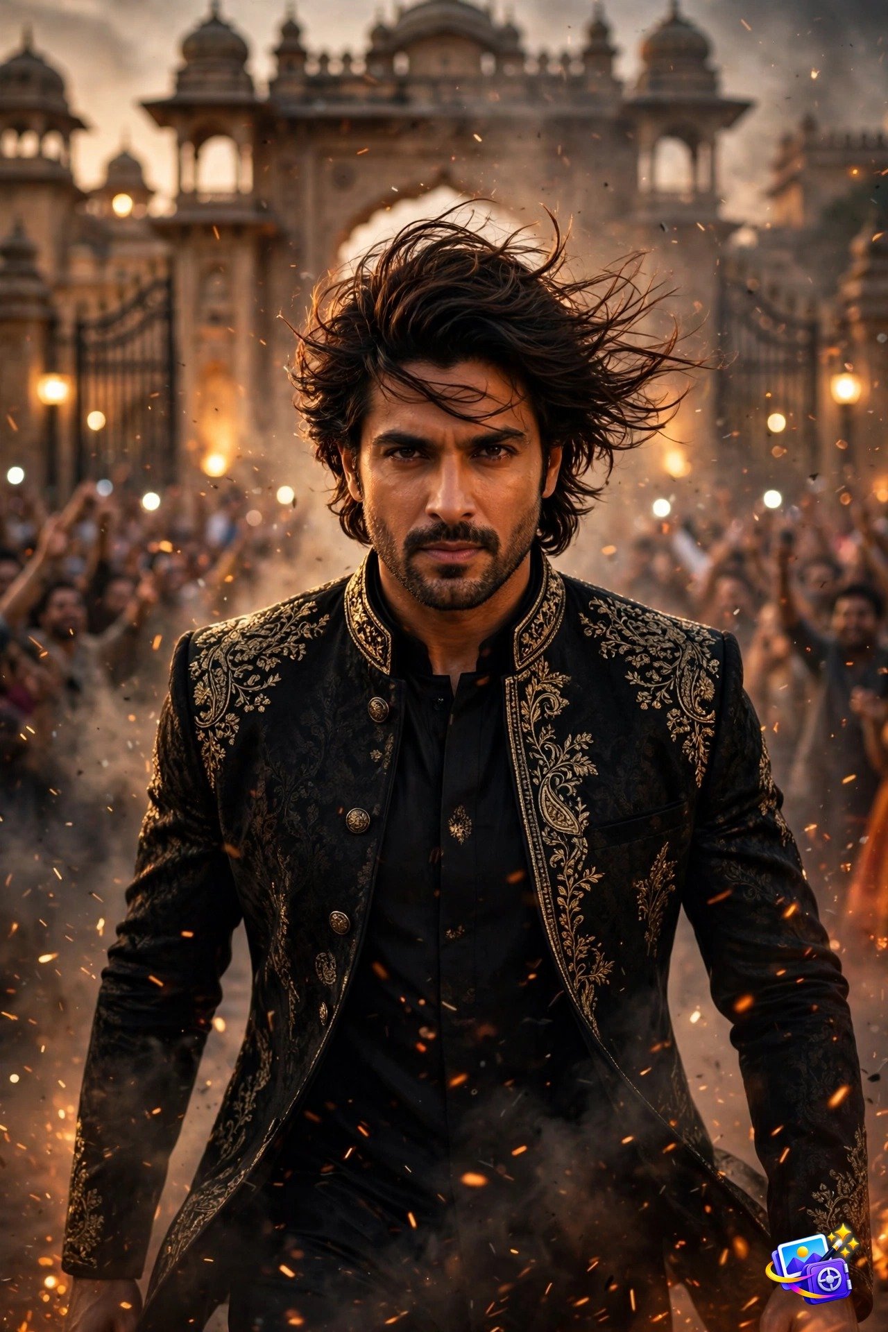 Indian man in a black sherwani-inspired jacket walking in slow motion with embers in the air, bollywood style ai photo prompts example