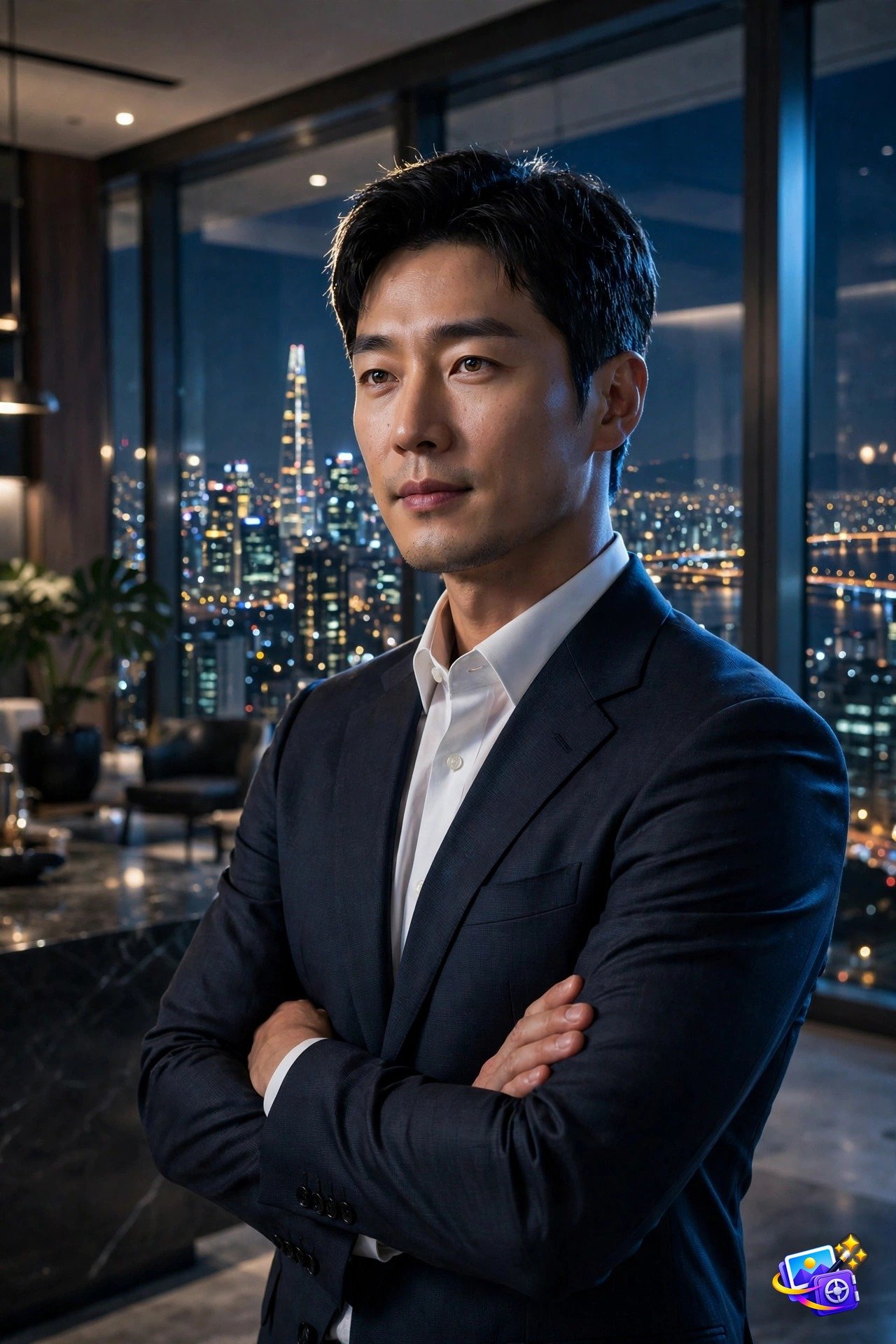 Confident Korean businessman in a tailored navy suit in a luxury penthouse with the Seoul skyline at night, k-drama style photo prompts example