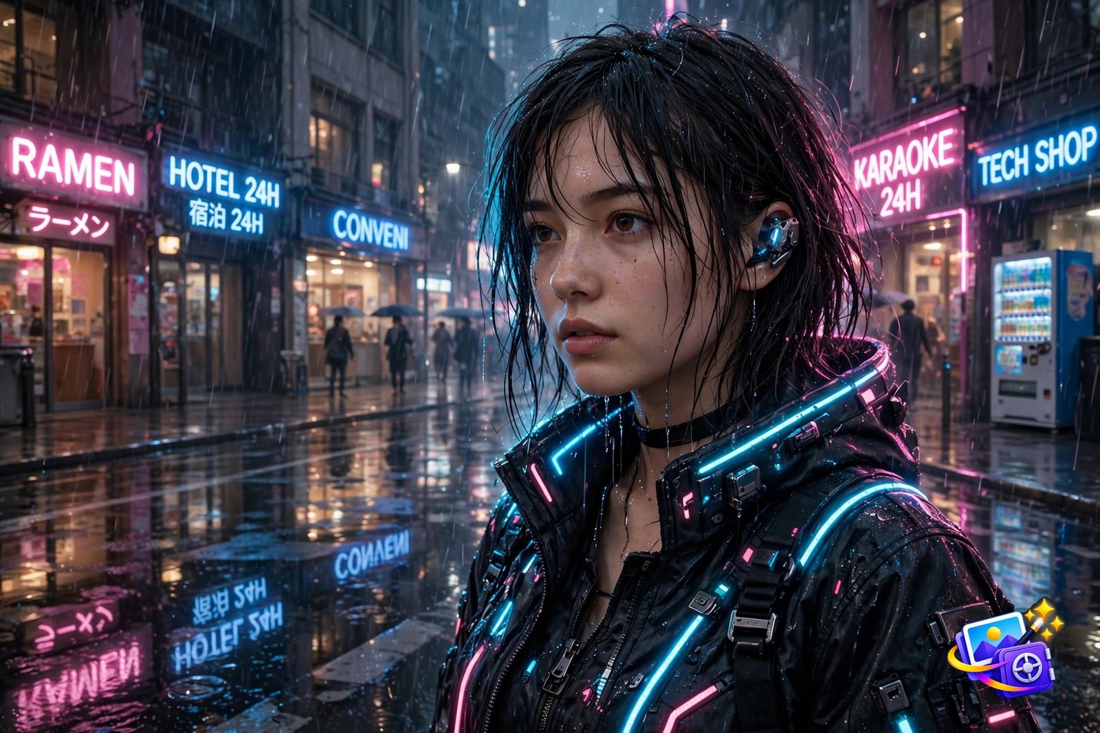 Cyberpunk neon street portrait generated with a cool AI image prompt, woman in a rain-soaked neon city at night
