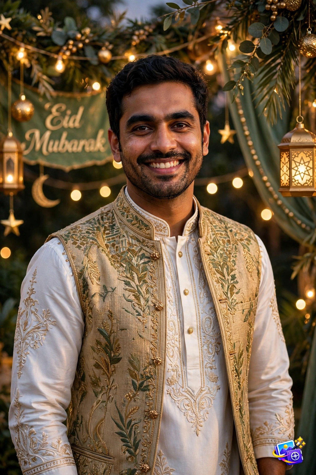 Man in white embroidered kurta, elegant Eid portrait made with an Eid AI photo prompt