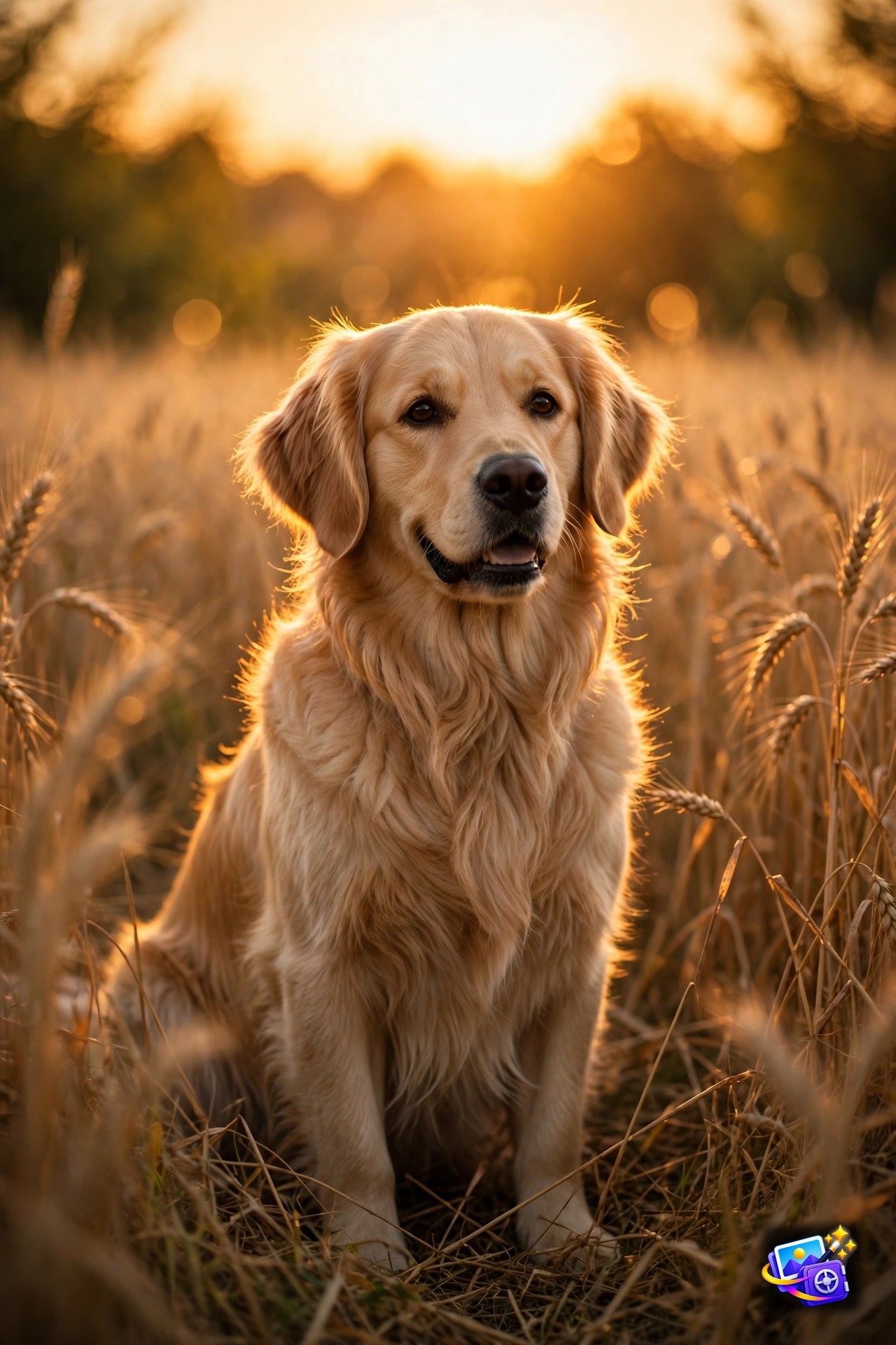 Golden retriever dog in a cinematic golden hour portrait in a wheat field, made with a pet AI photo prompt