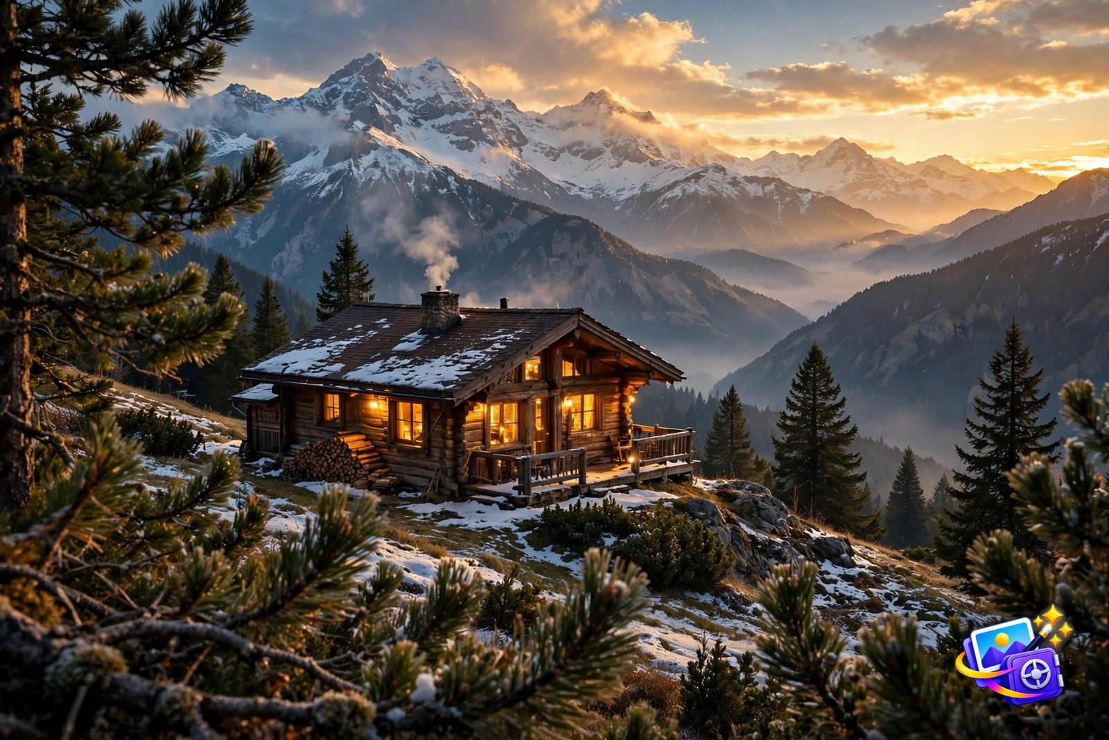 Golden hour mountain cabin landscape generated with a good AI image prompt, warm windows glowing at dusk