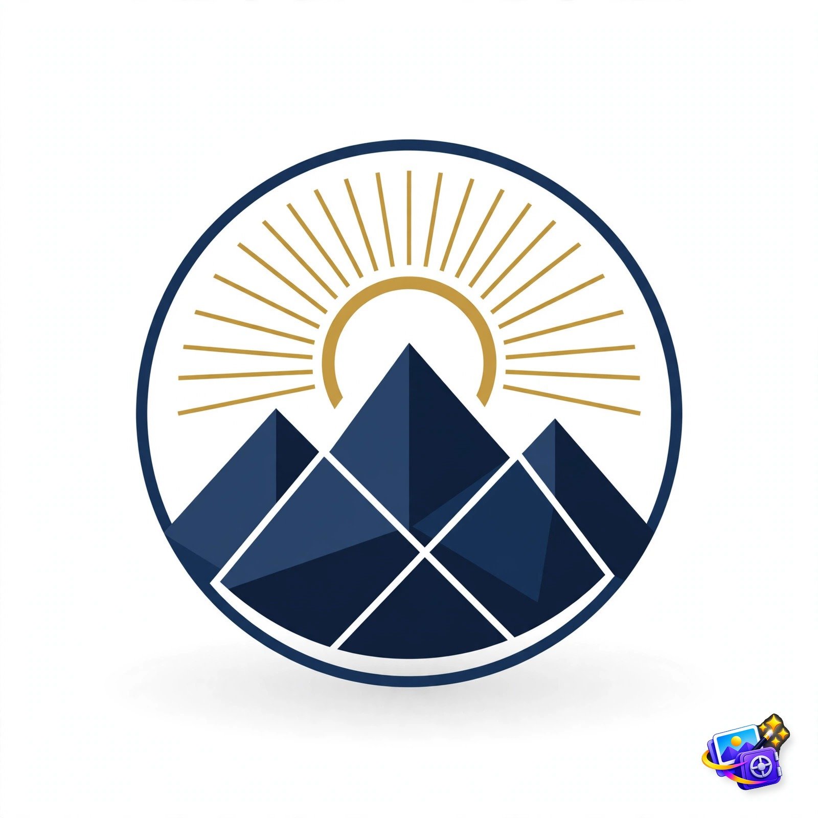 Minimalist geometric tech logo design with mountain and sun emblem in navy blue and gold - midjourney prompts for graphic design