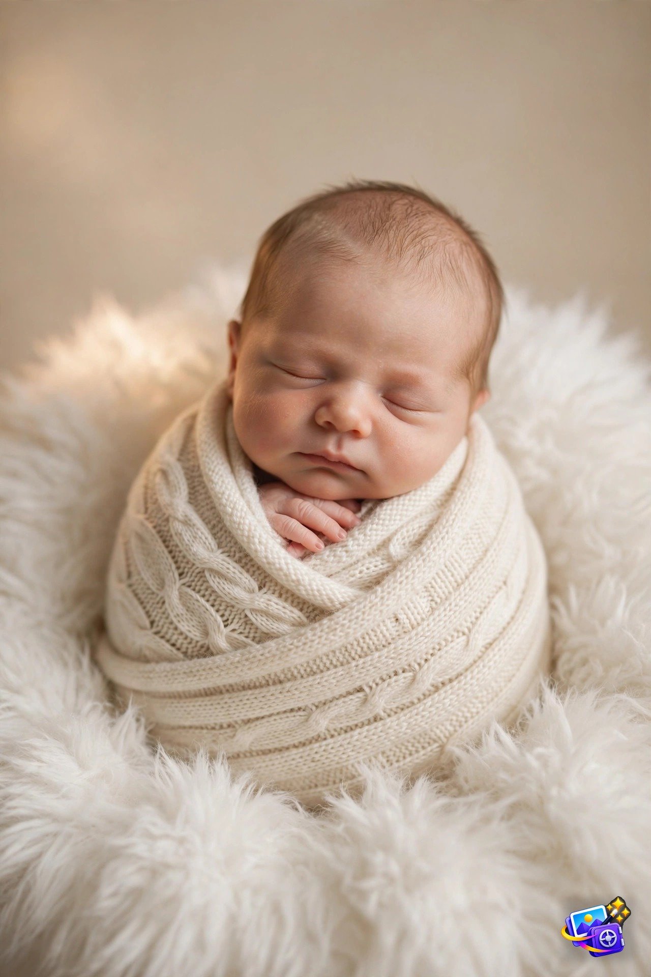 Newborn baby wrapped in cream knit, classic studio portrait made with a Gemini baby photoshoot prompt