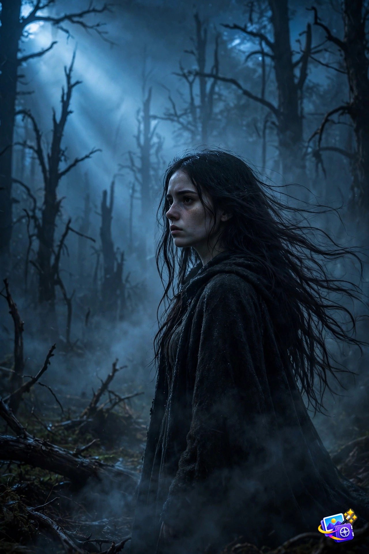Woman in a spooky cinematic fog portrait in a dark forest at night, Halloween AI photo prompts example