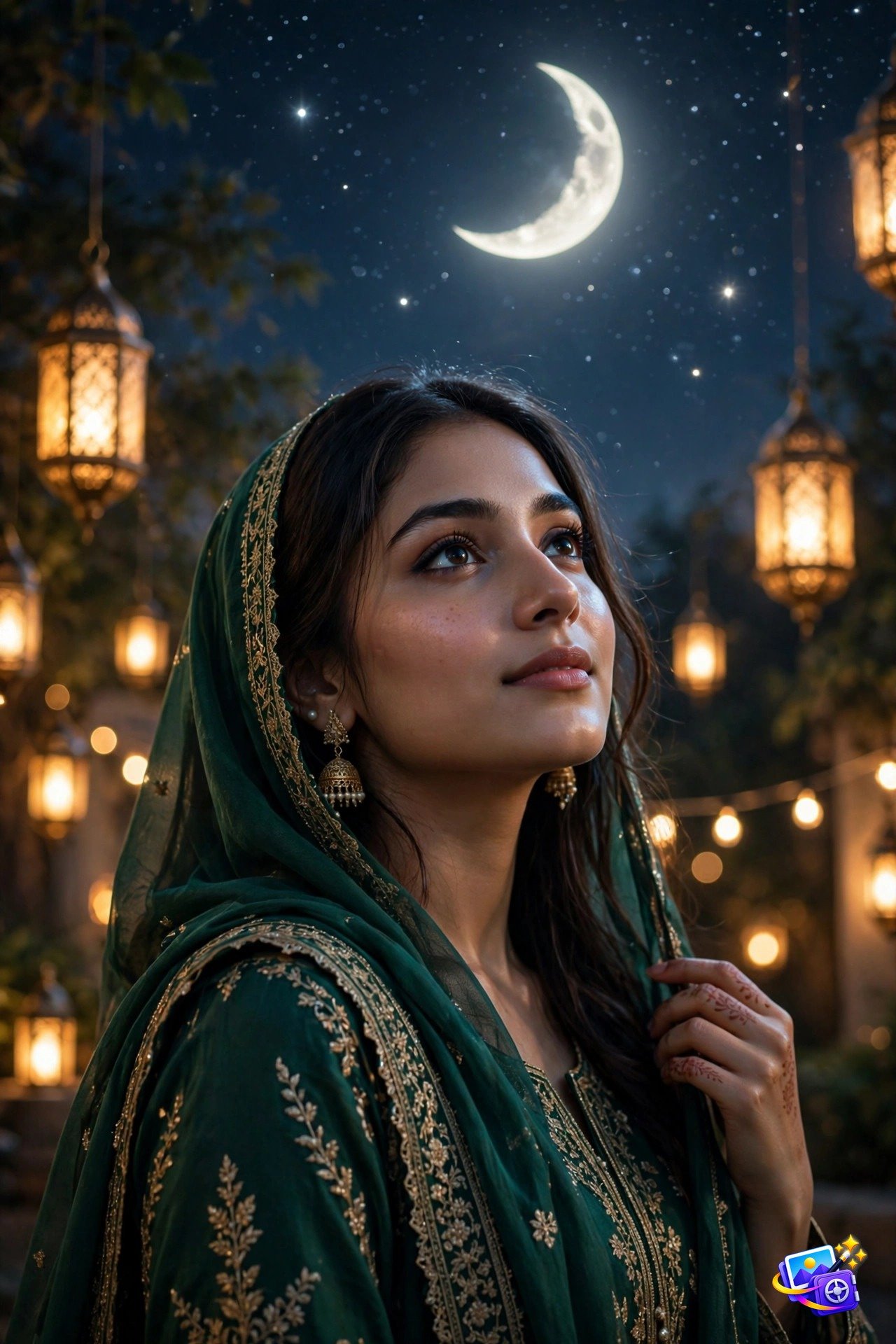 Woman in emerald green Eid outfit under a crescent moon, Chaand Raat Eid AI photo prompt