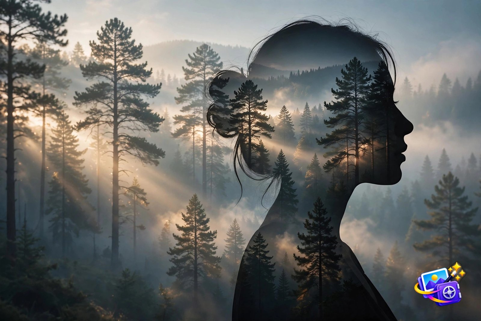 Double exposure forest portrait made with a cool AI image prompt, woman's silhouette filled with misty pine trees