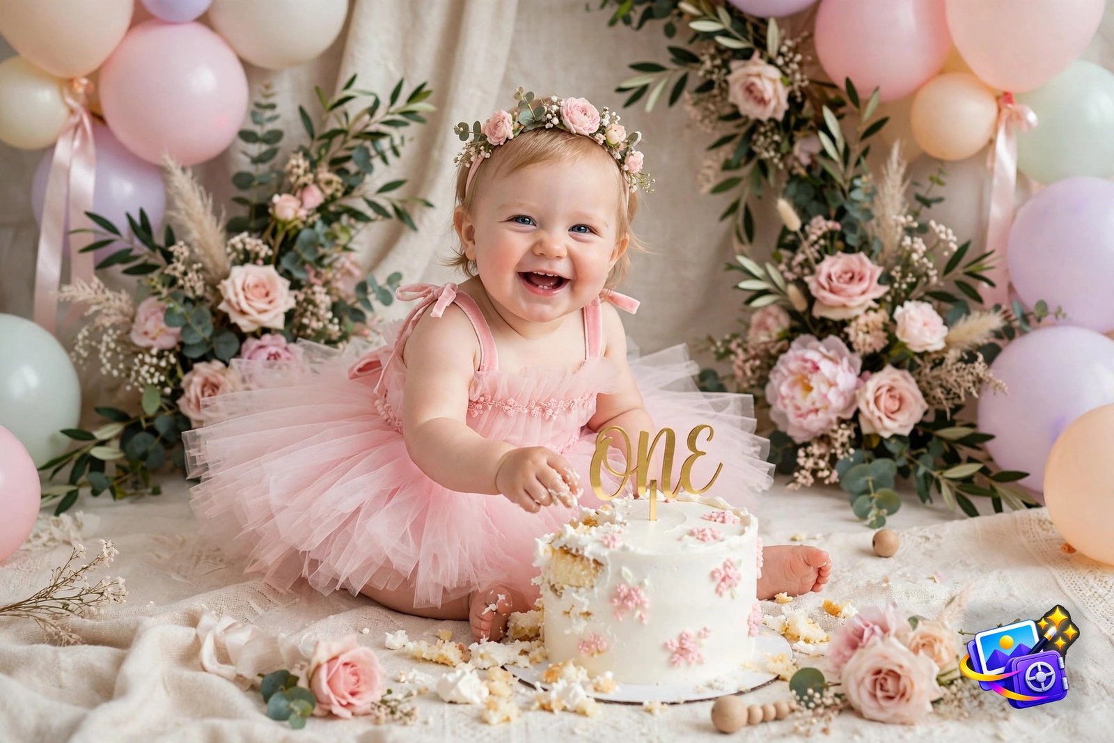 One year old baby girl at a pink cake smash, first birthday photo made with a Gemini baby photoshoot prompt