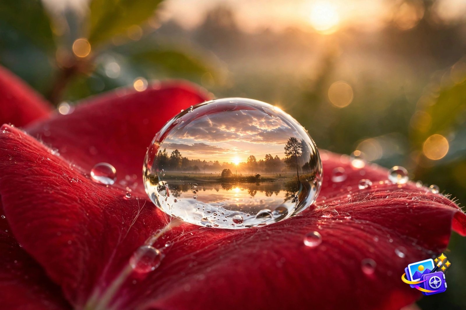 Macro dewdrop on a rose petal made with a good AI image prompt, sunrise reflected in the droplet