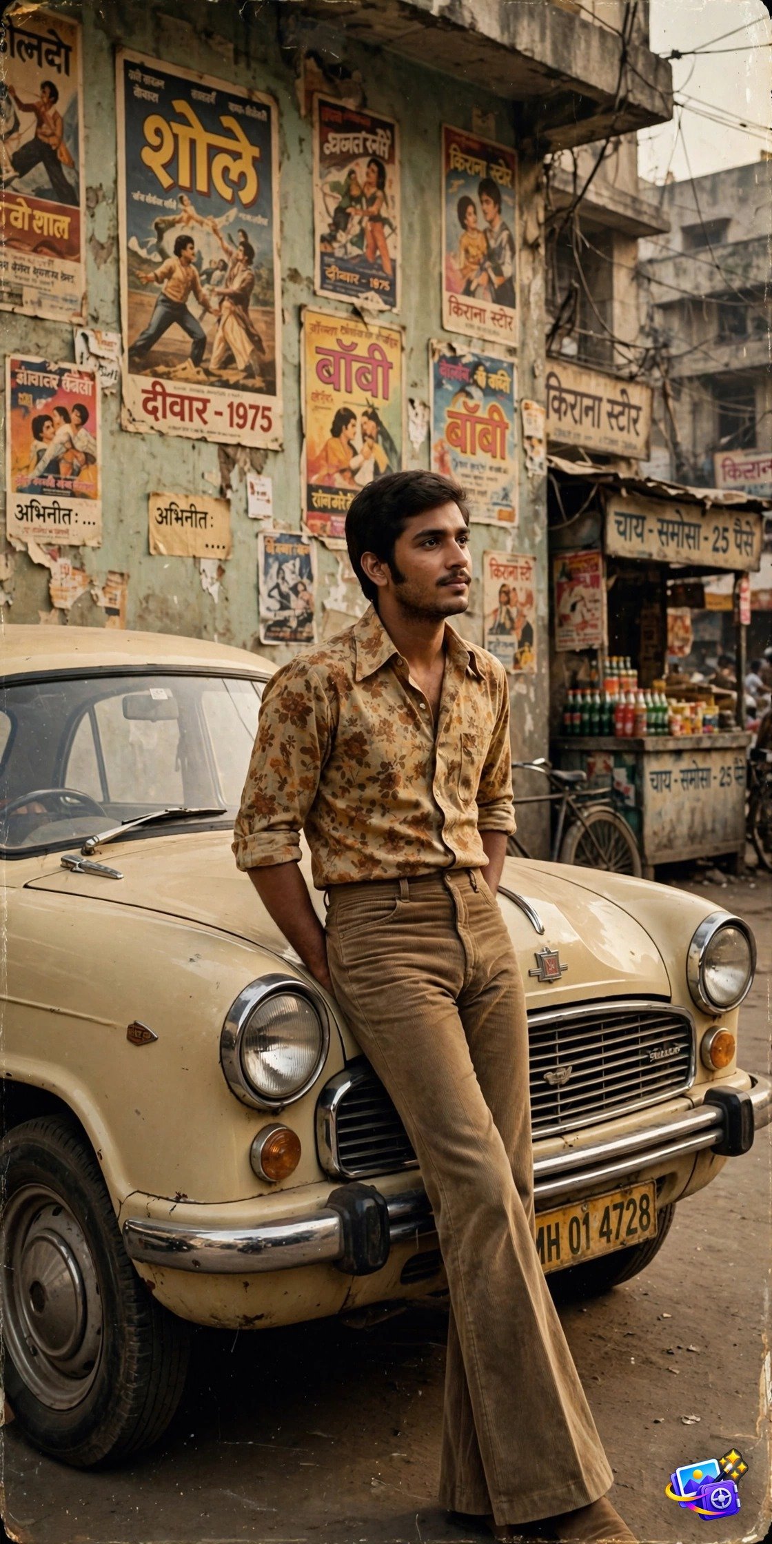 Young Indian man in 1970s floral shirt and bell-bottoms leaning on an Ambassador car, bollywood style ai photo prompts example