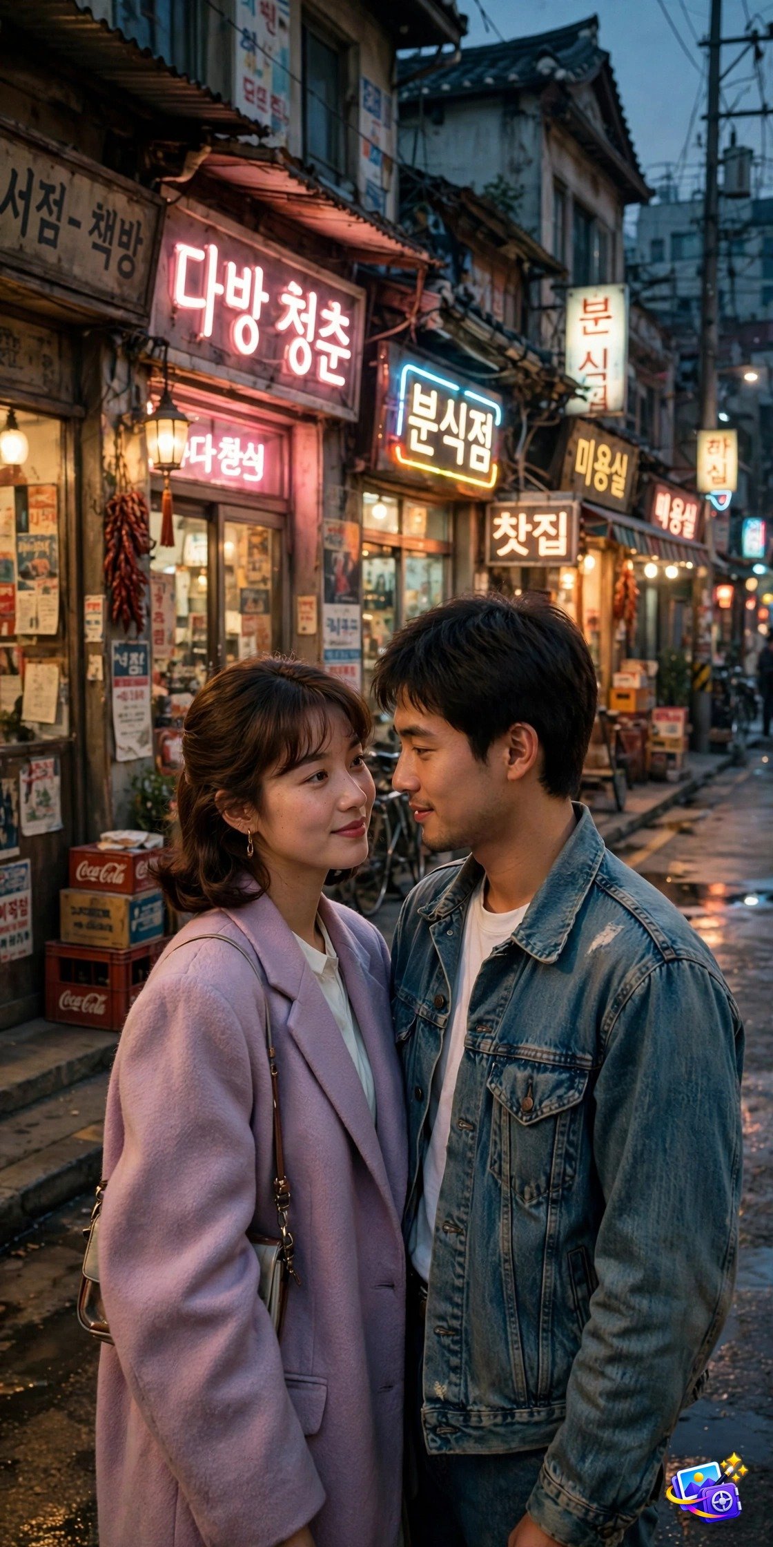 Young Korean couple in vintage 1980s fashion on an old Seoul street at dusk with neon signs, k-drama style photo prompts example