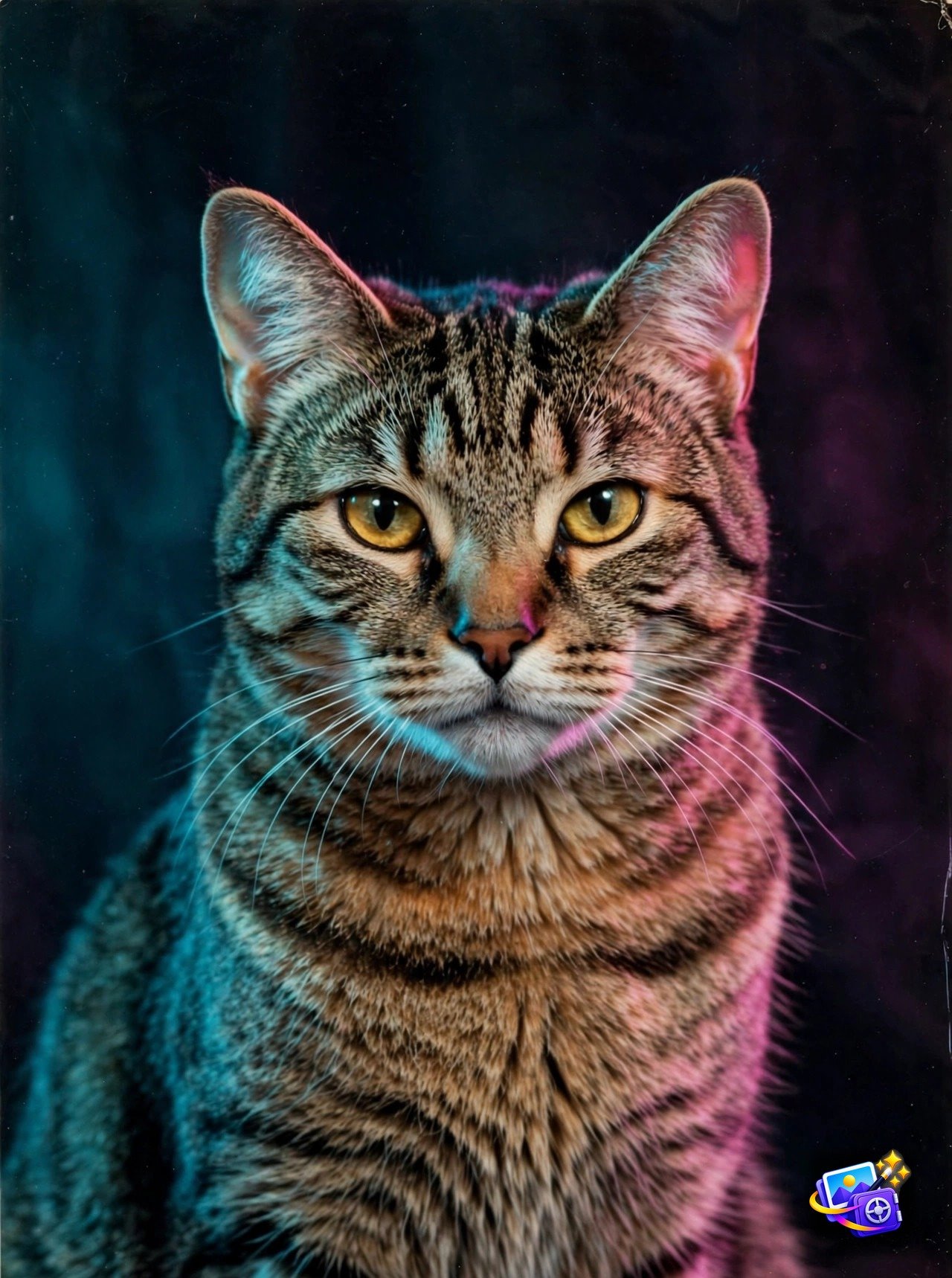 Tabby cat in an 80s retro studio portrait with teal and magenta neon lighting, pet AI photo prompt example