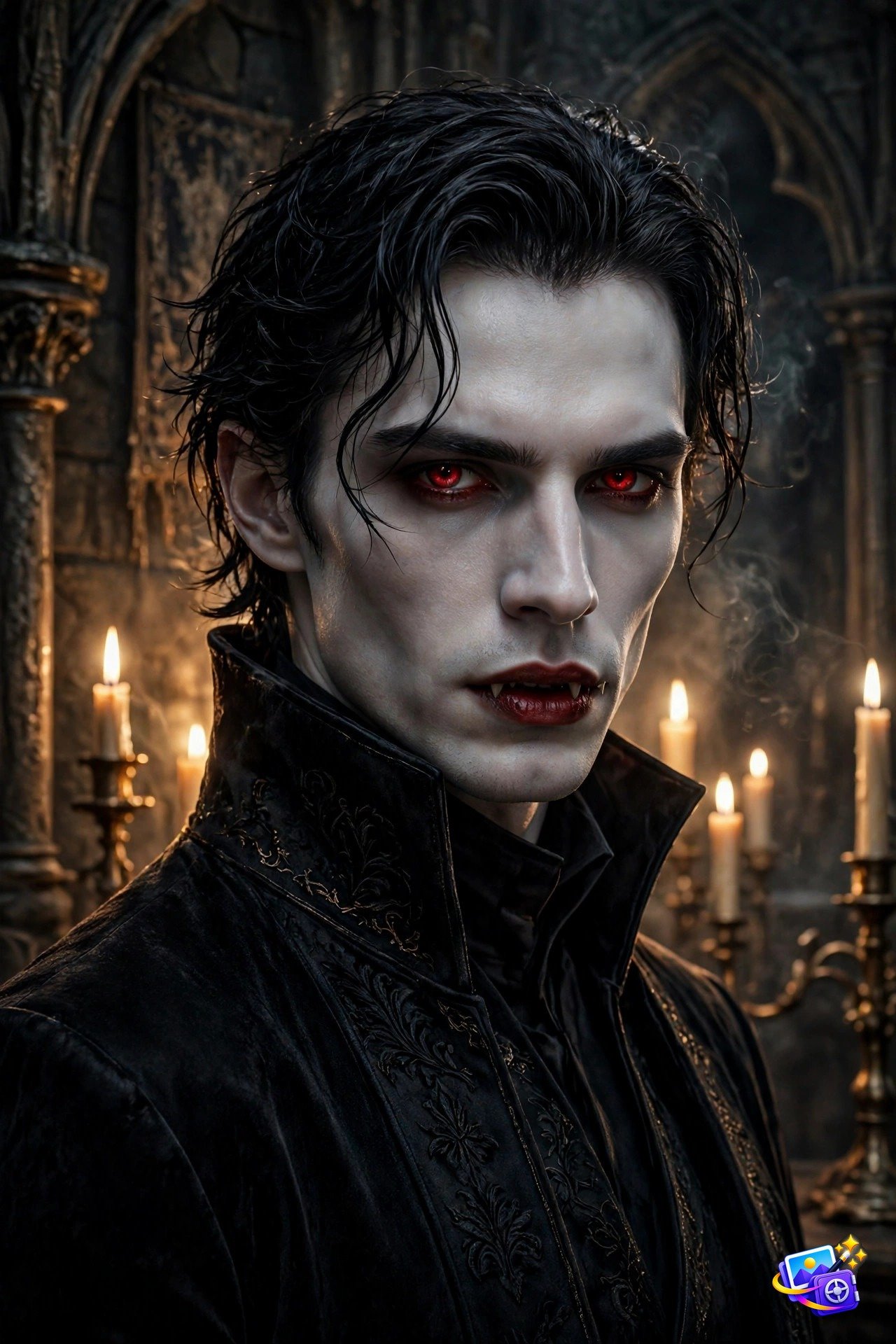 Man transformed into an elegant vampire with red eyes in a candlelit castle, Halloween AI photo prompt example