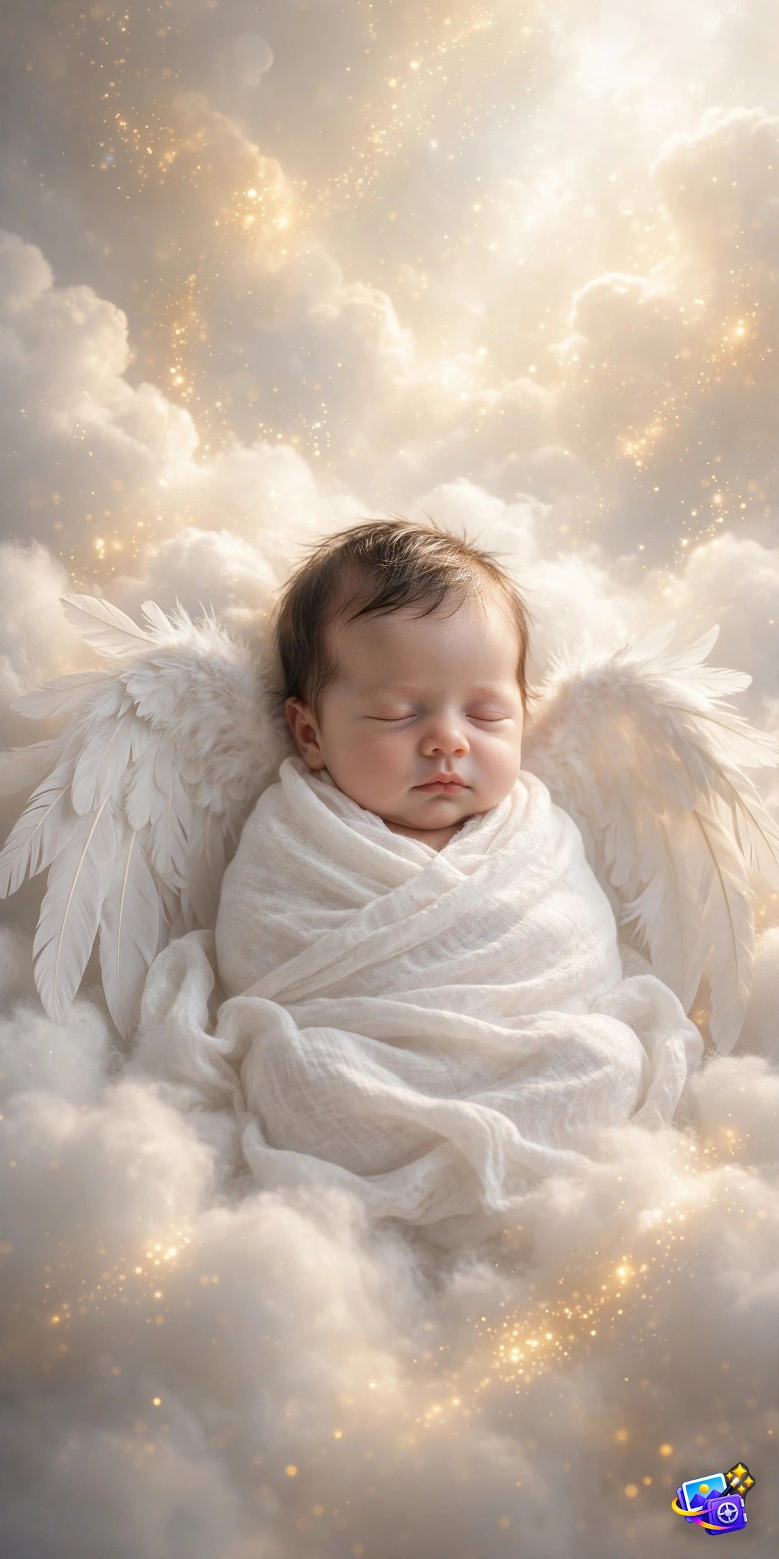 Sleeping baby with white angel wings on clouds, heavenly portrait from a Gemini baby photoshoot prompt