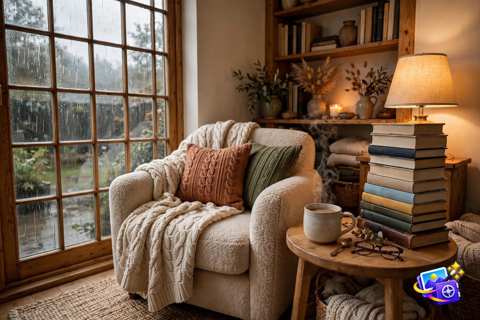 Cozy reading nook interior generated with a good AI image prompt, armchair by a rainy window
