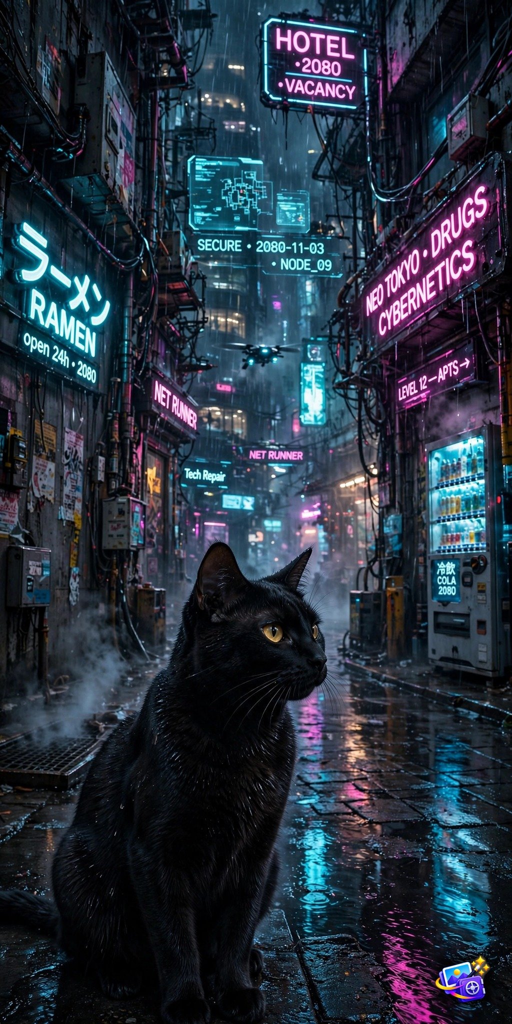 Black cat in a futuristic 2080 cyberpunk neon city portrait, pet AI photo prompt example