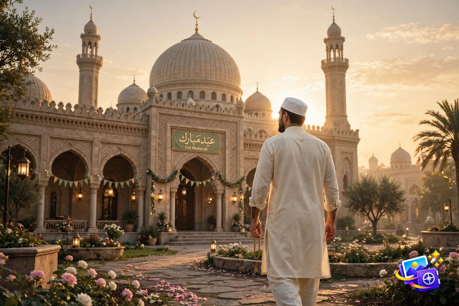 Man in cream shalwar kameez walking to a grand mosque at sunrise, Eid AI photo prompt