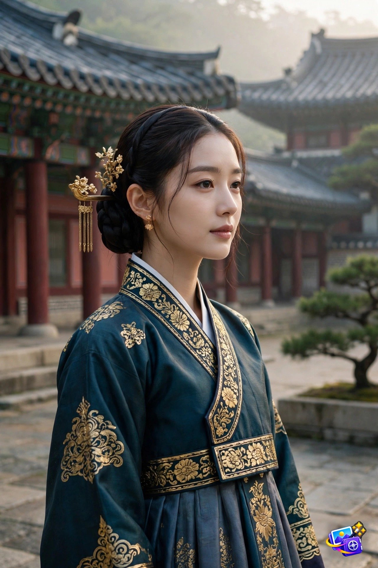 Korean woman in an embroidered royal hanbok in a palace courtyard, k-drama style photo prompts example