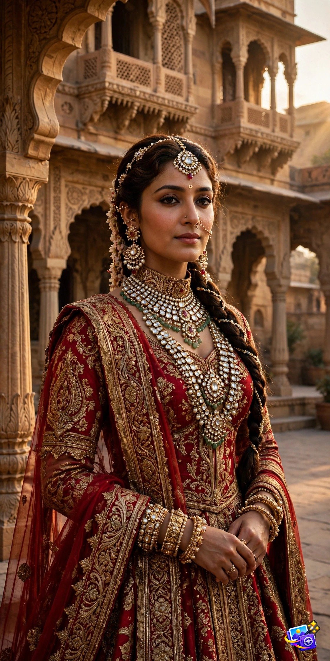 Indian woman in a red and gold lehenga with jadau jewelry in a sandstone palace courtyard, bollywood style ai photo prompts example