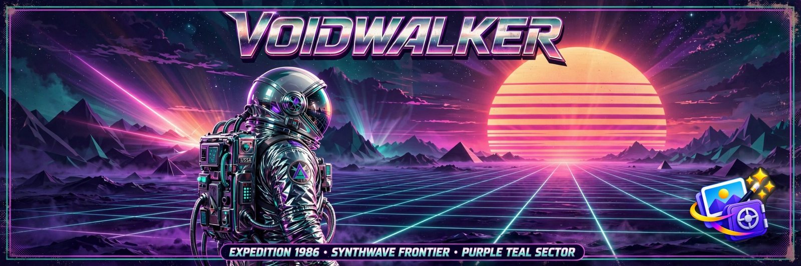 Retro synthwave astronaut art created with a cool AI image prompt, 1980s sunset grid landscape
