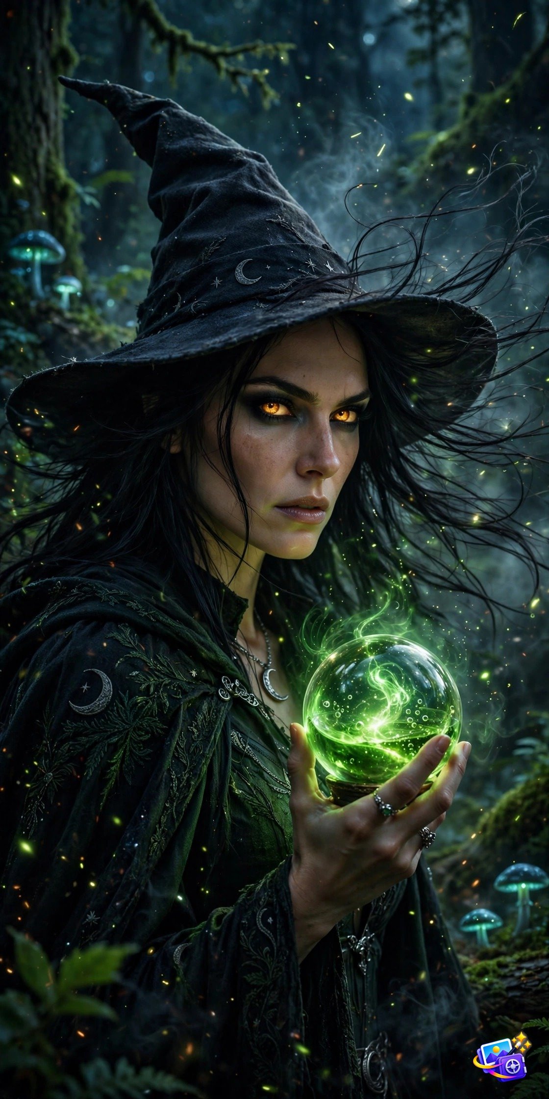 Woman as a witch with glowing amber eyes holding a green potion orb in a night forest, Halloween AI photo prompt example