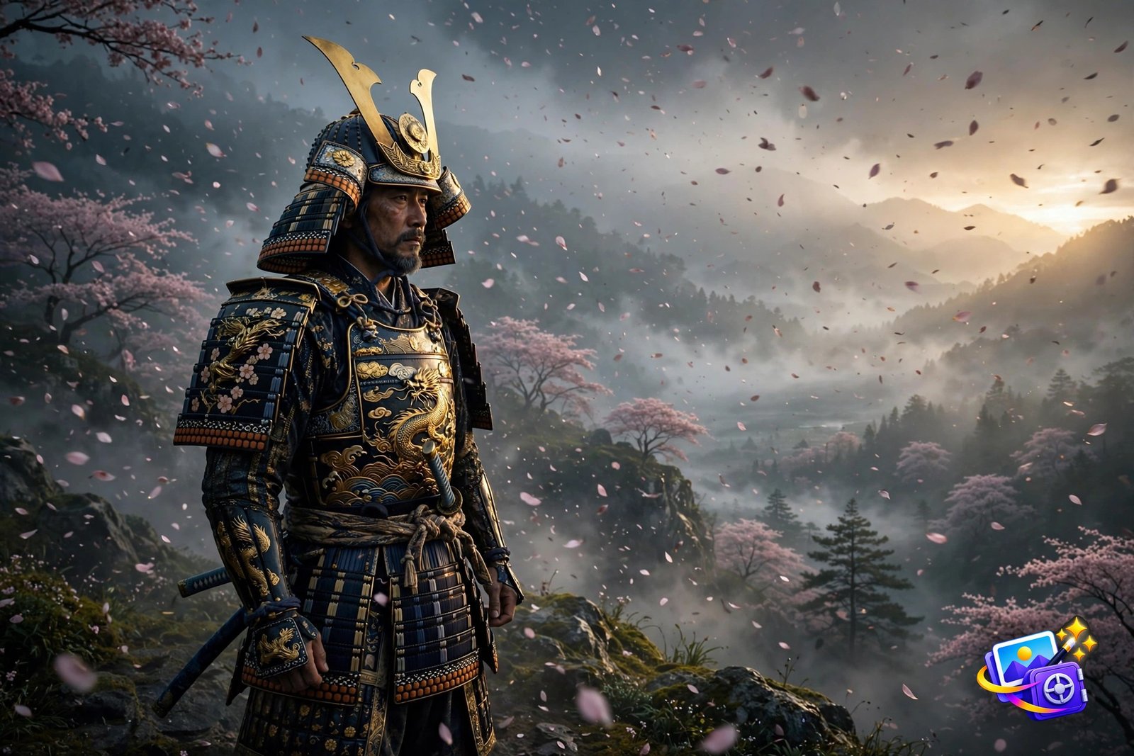 Cinematic samurai portrait in cherry blossoms created with a good AI image prompt, dramatic fog and lighting