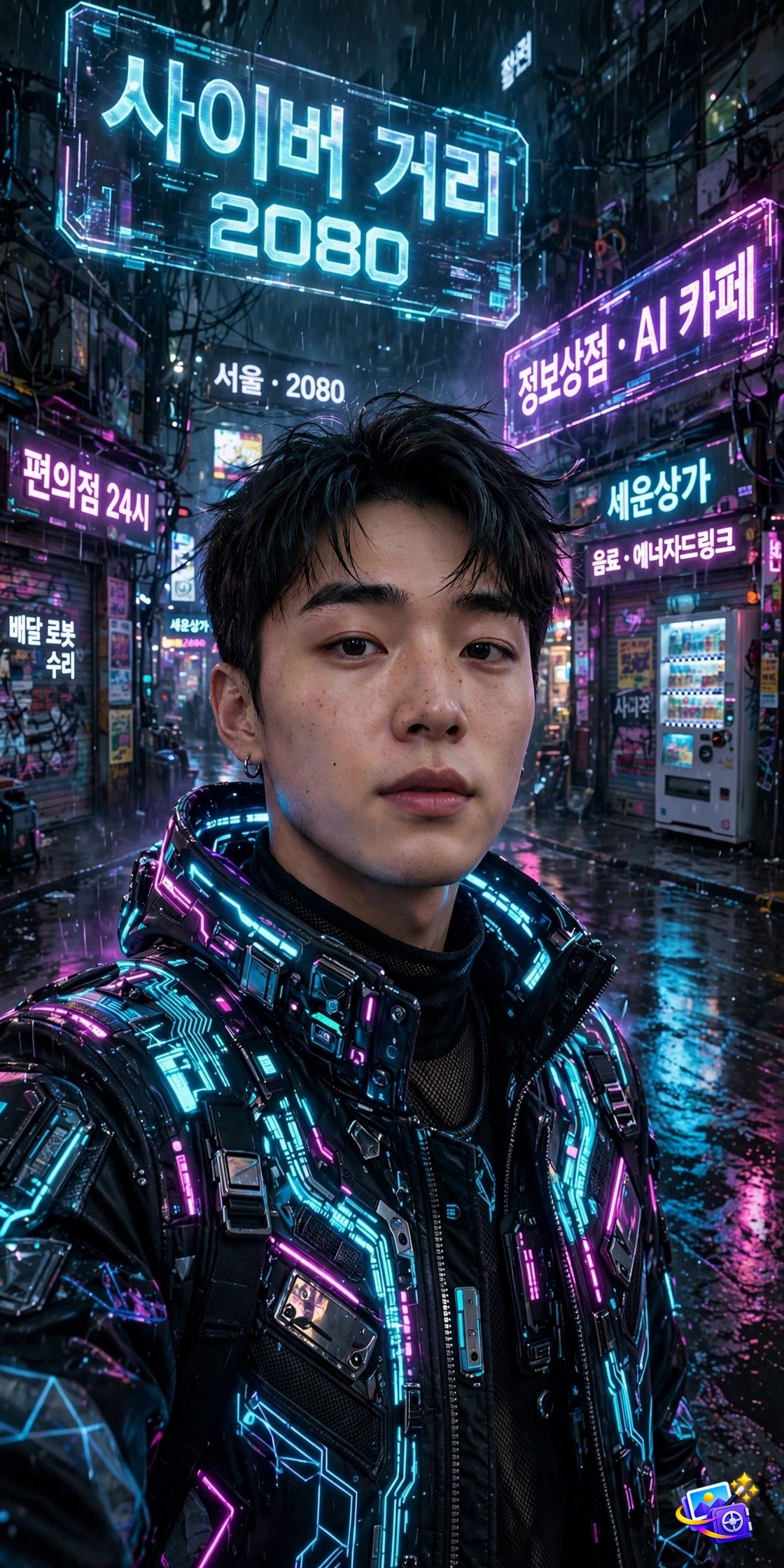 Young Korean man in a futuristic tech jacket in a rain-soaked neon Seoul alley, k-drama style photo prompts example