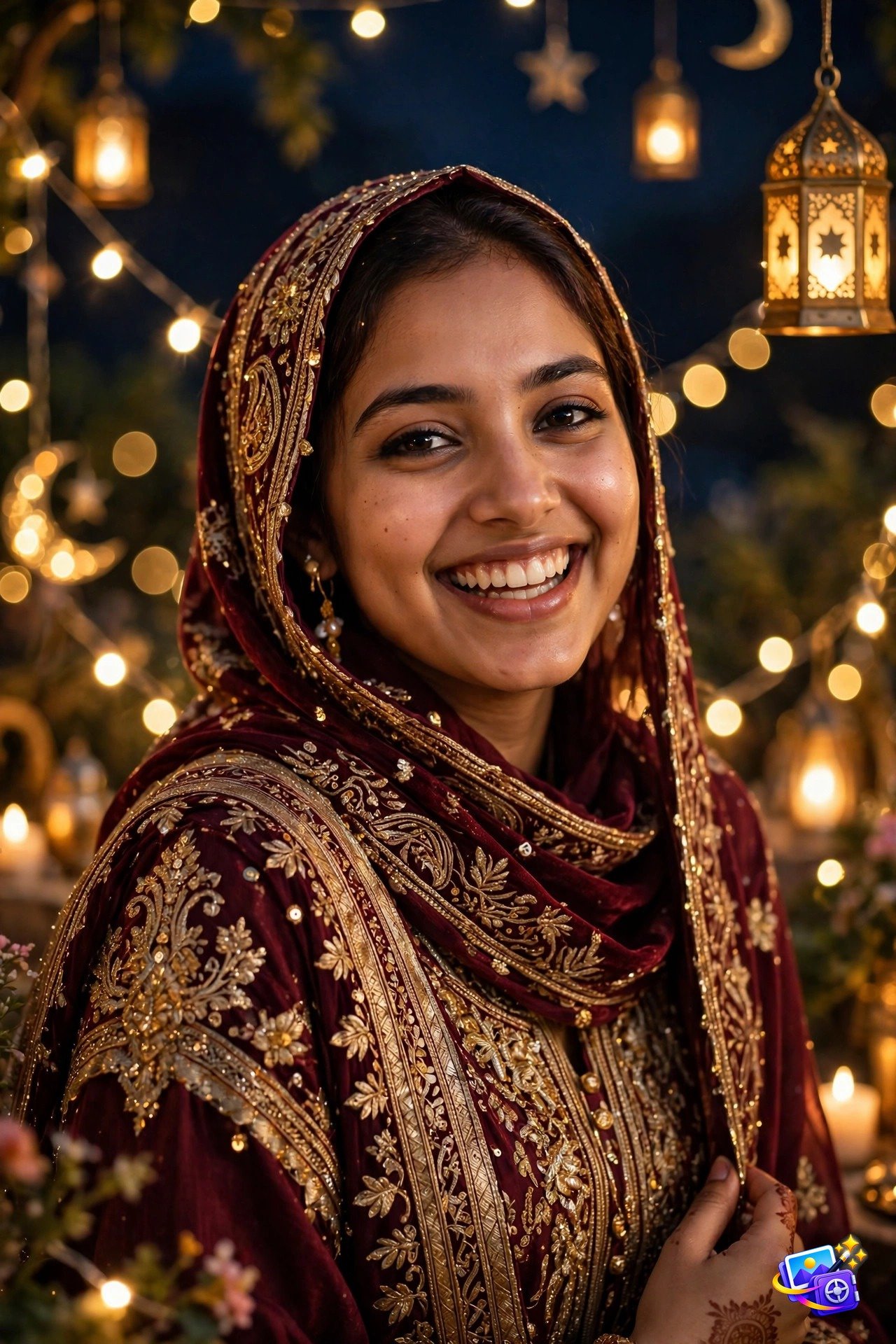 Woman in maroon and gold dress among Eid fairy lights, festive Eid AI photo prompt