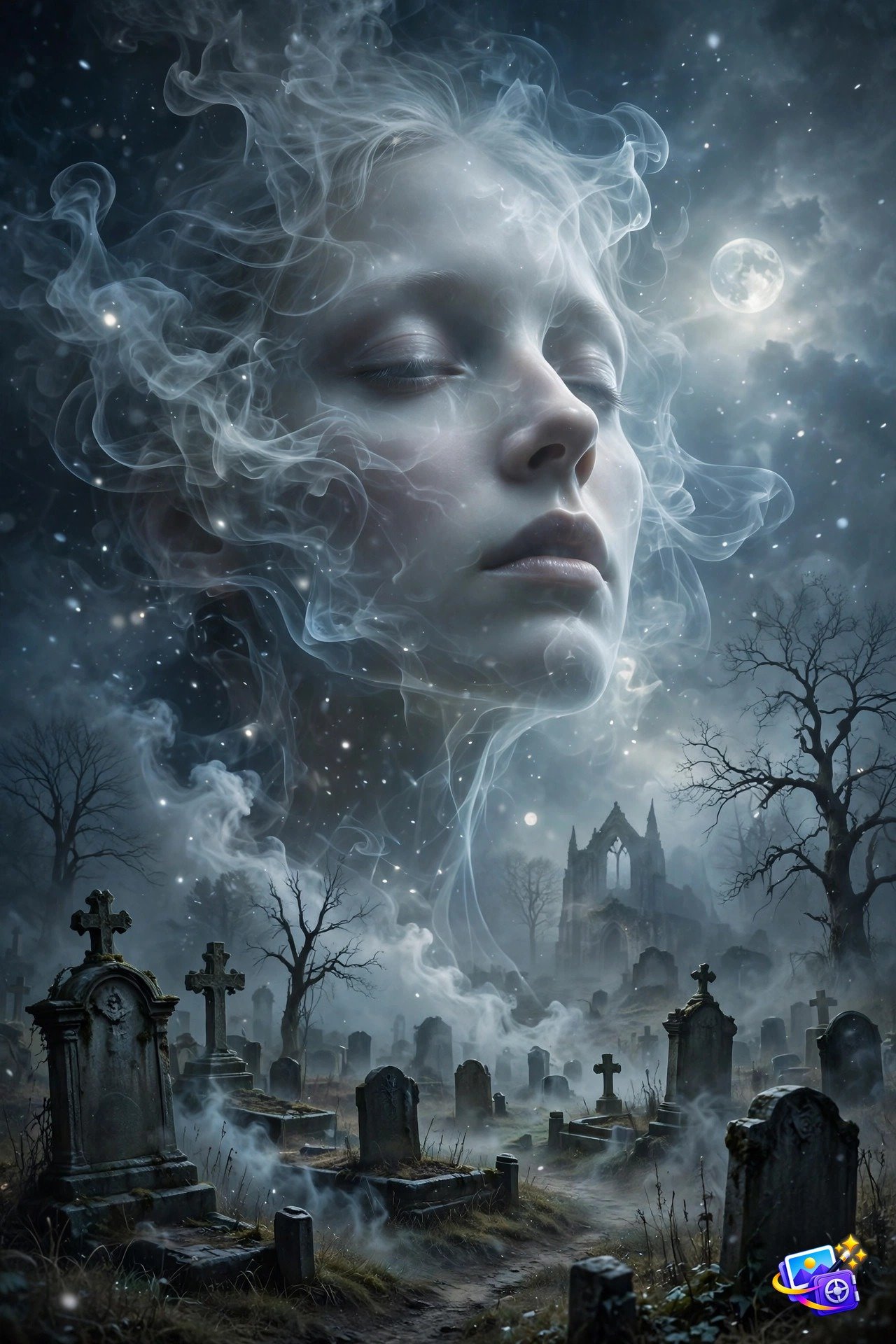 Ghostly double exposure portrait of a woman's apparition over a misty graveyard, Halloween AI photo prompt example