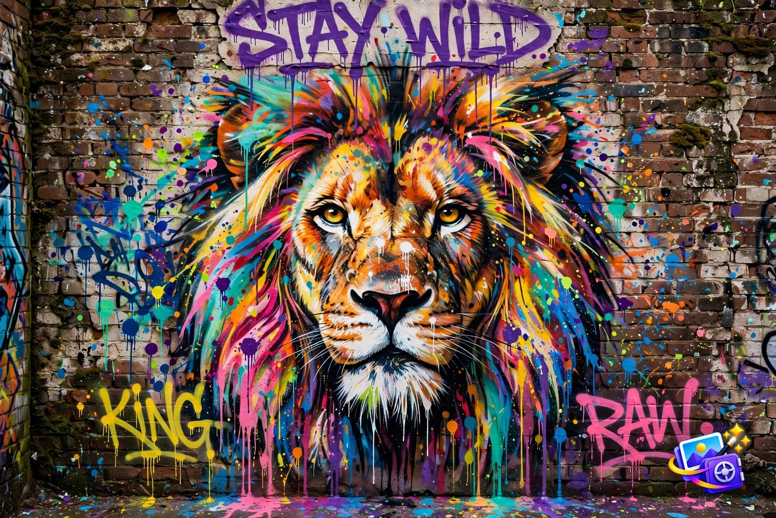 Graffiti lion mural street art generated with a cool AI image prompt on a weathered brick wall