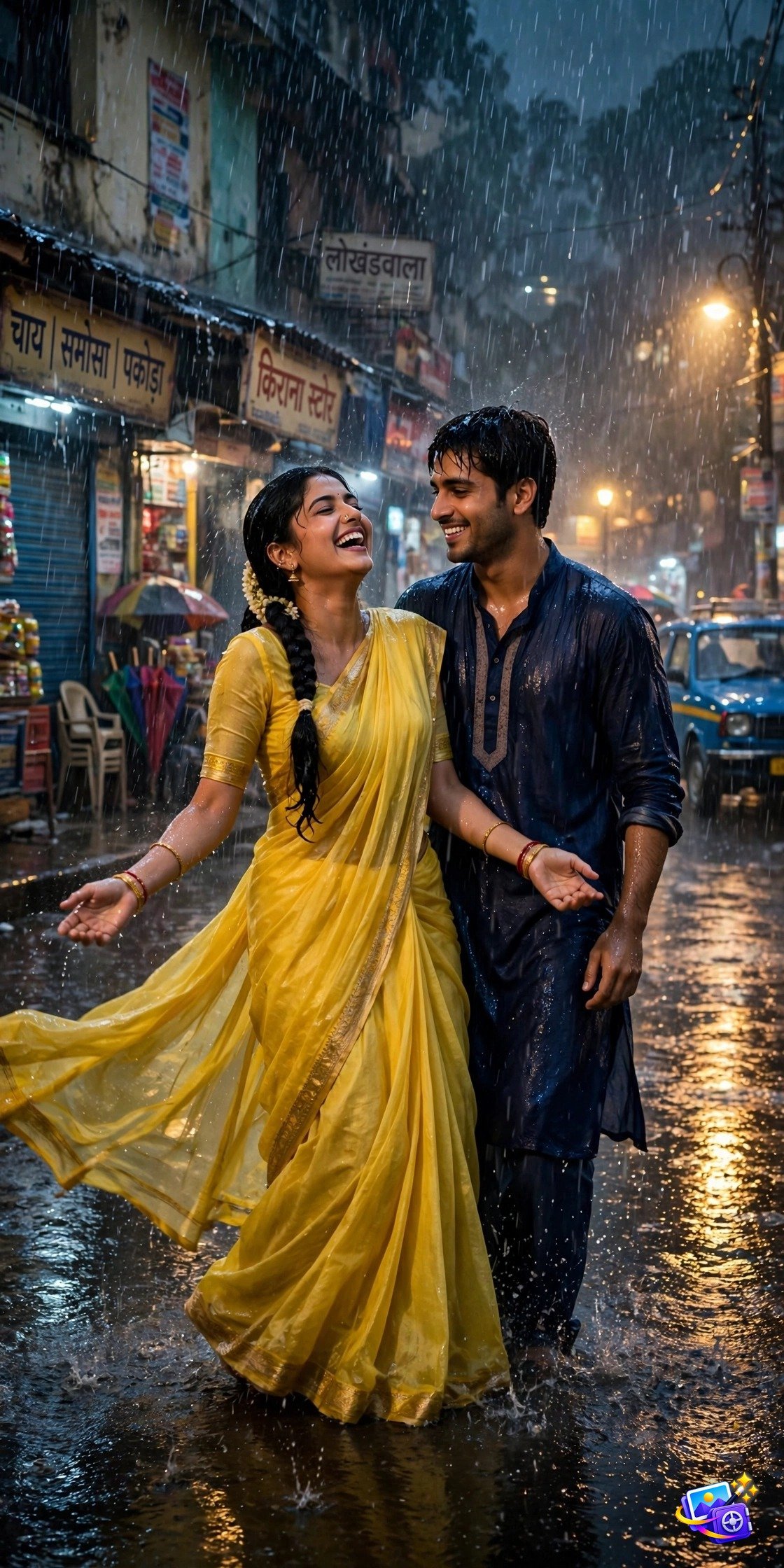 Indian couple in heavy monsoon rain on a Mumbai street, the woman in a flowing yellow saree, bollywood style ai photo prompts example