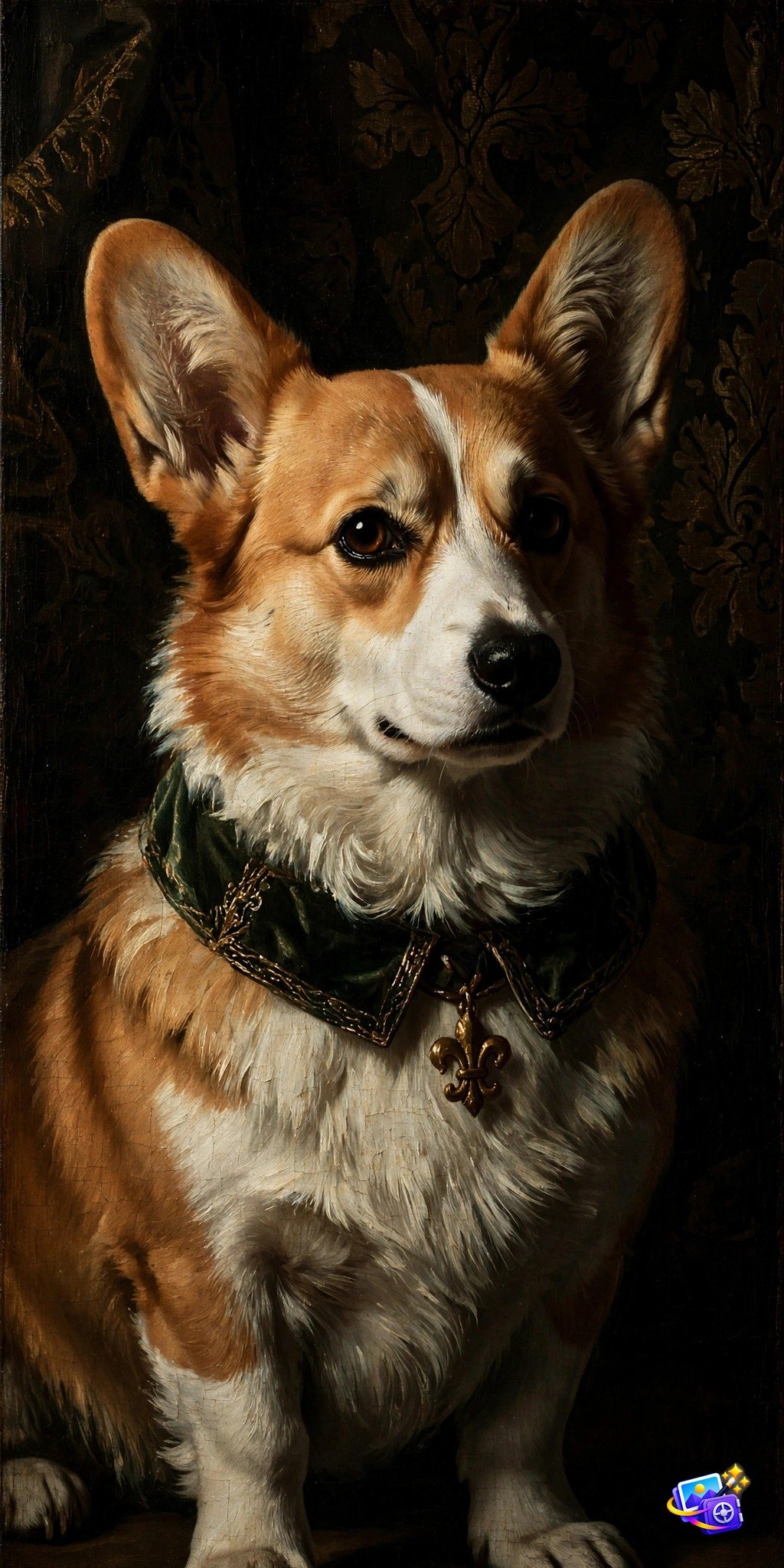 Corgi dog painted as a renaissance oil painting portrait, pet AI photo prompt example