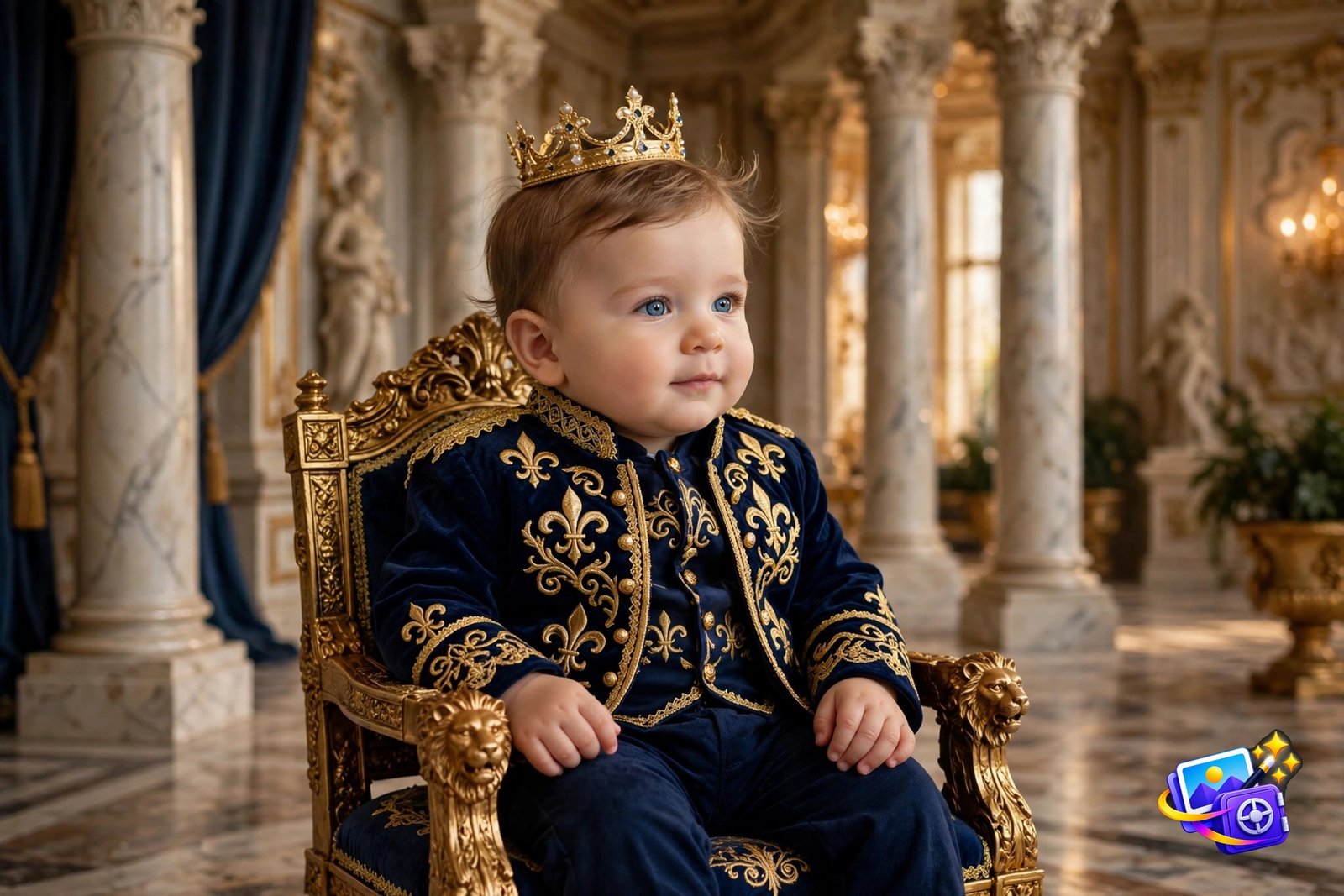 Baby boy as a royal prince with tiny crown on a throne, Gemini baby photoshoot prompt result