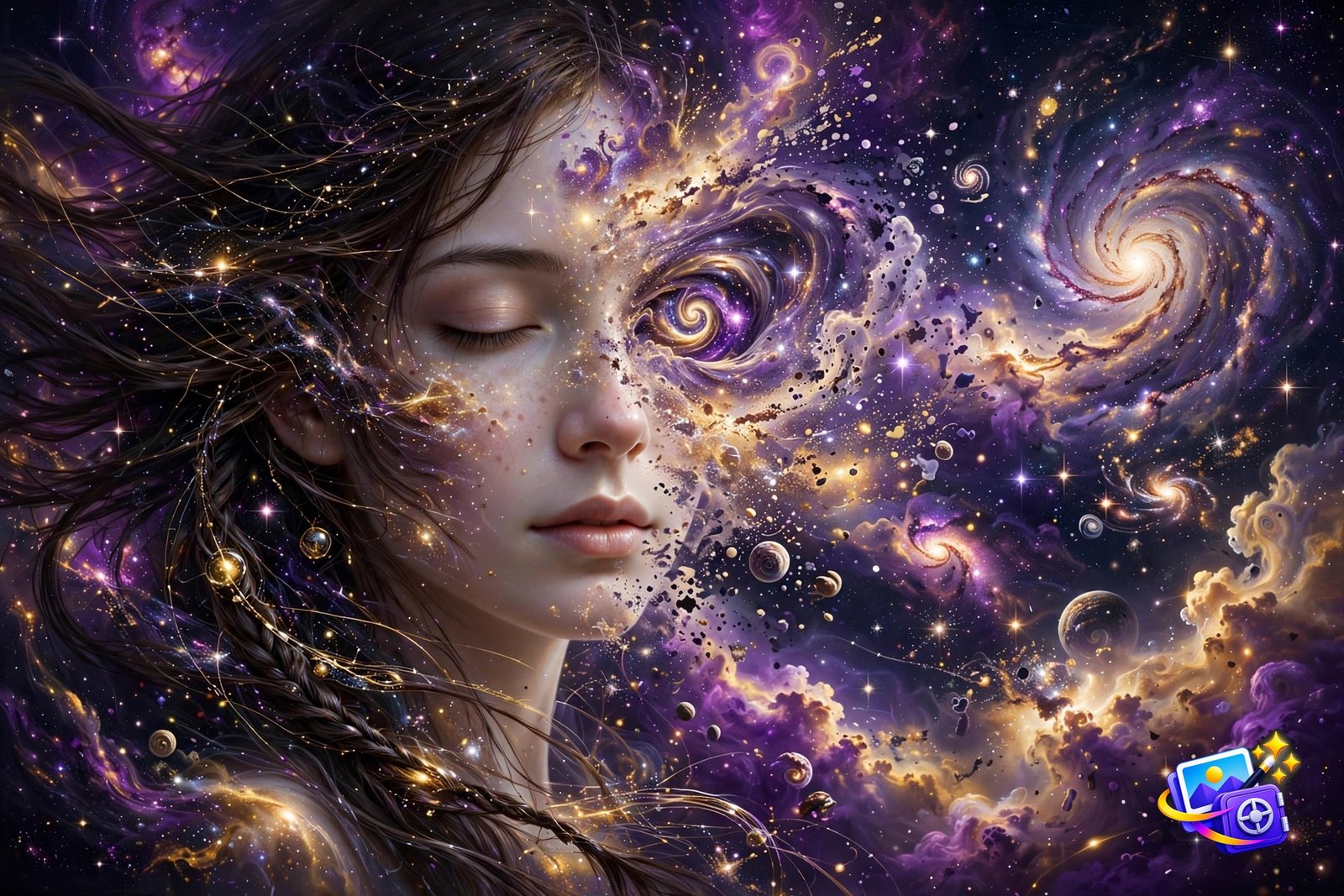 Cosmic galaxy portrait made with a cool AI image prompt, face dissolving into stars and nebulae