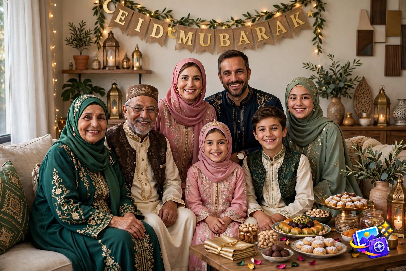 Multi generational family in traditional Eid outfits in a decorated living room, Eid AI photo prompt