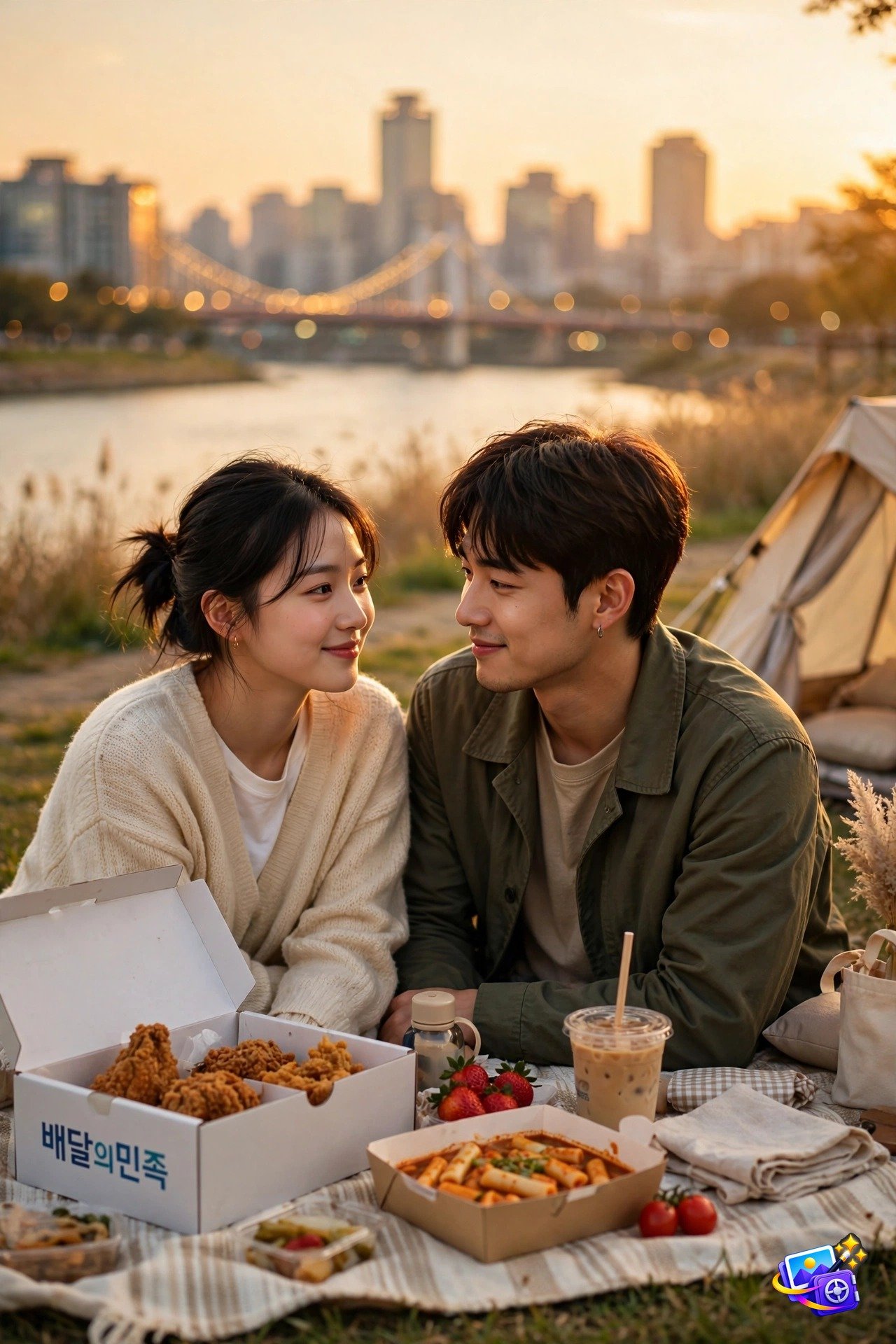Korean couple having a sunset picnic by the Han River in Seoul, k-drama style photo prompts example