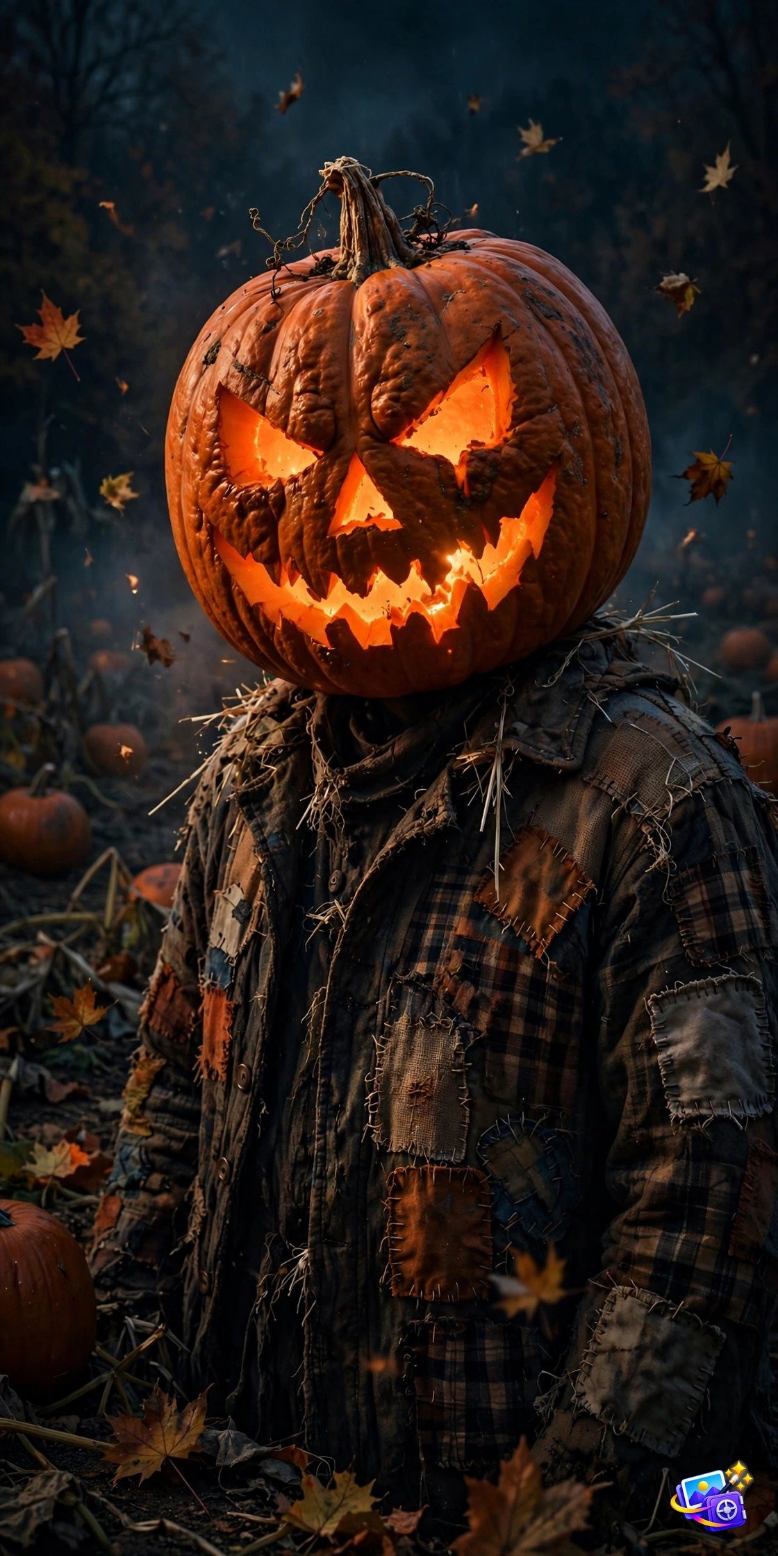 Person wearing a glowing carved jack-o-lantern pumpkin head in a pumpkin patch at night, Halloween AI photo prompt example