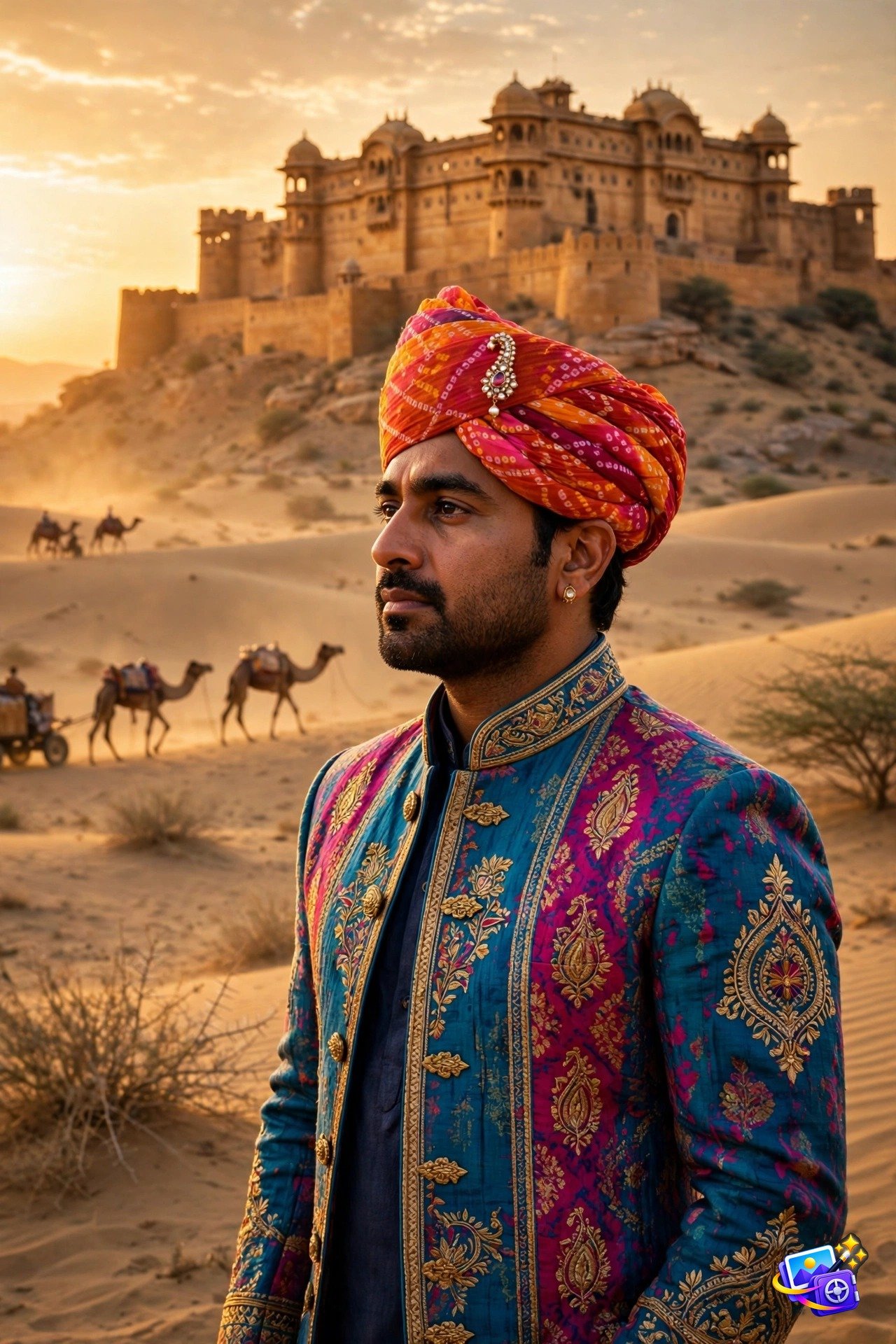 Indian man in a colorful bandhgala and Rajasthani turban before a sandstone fort at sunset, bollywood style ai photo prompts example