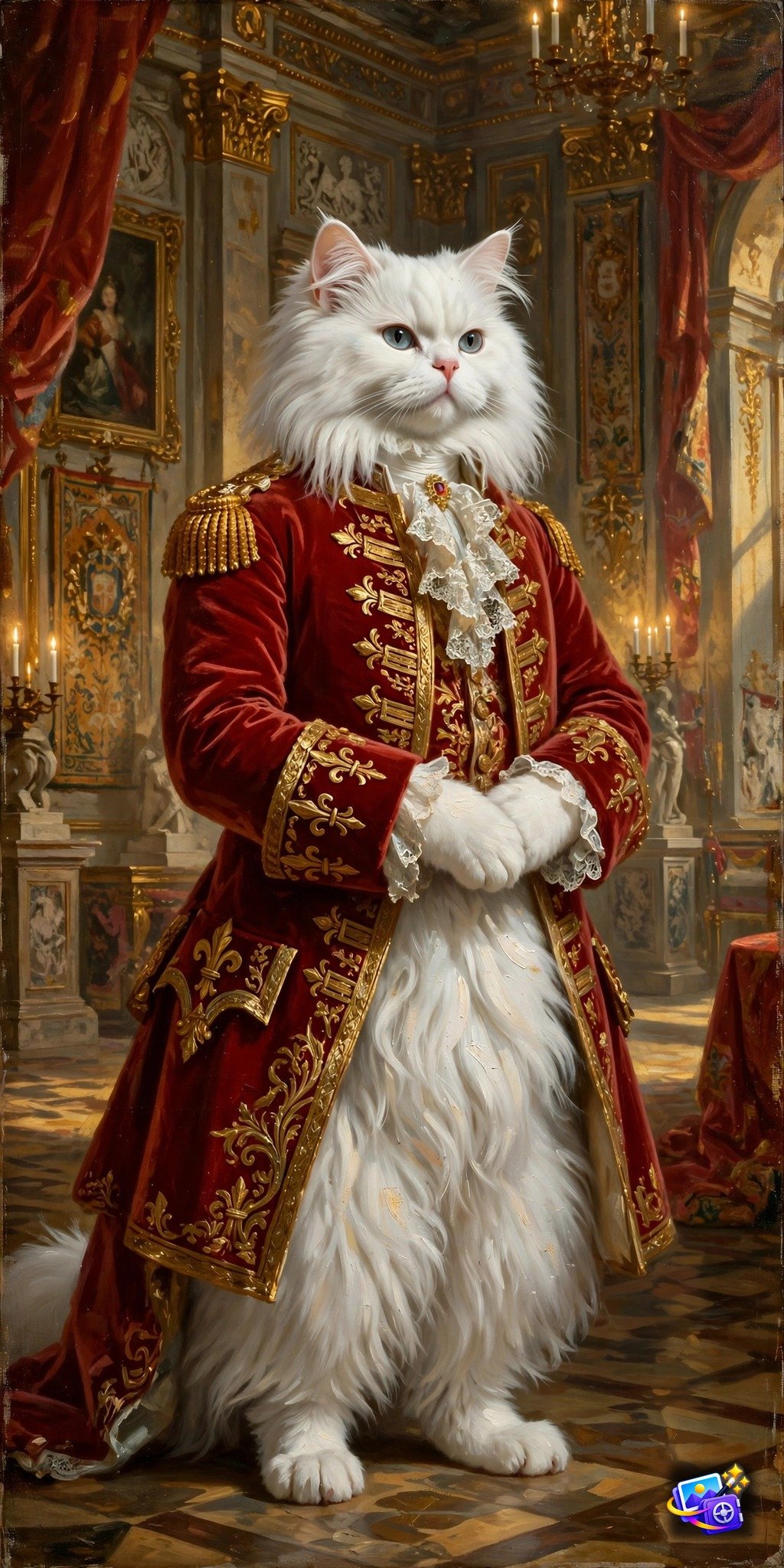 White Persian cat in royal aristocrat attire in a grand palace hall, pet AI photo prompt example