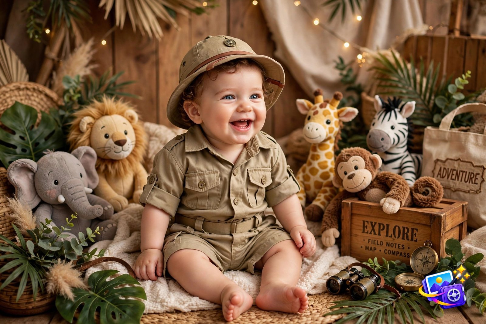 Happy baby in safari explorer outfit with plush animals, Gemini baby photoshoot prompt example