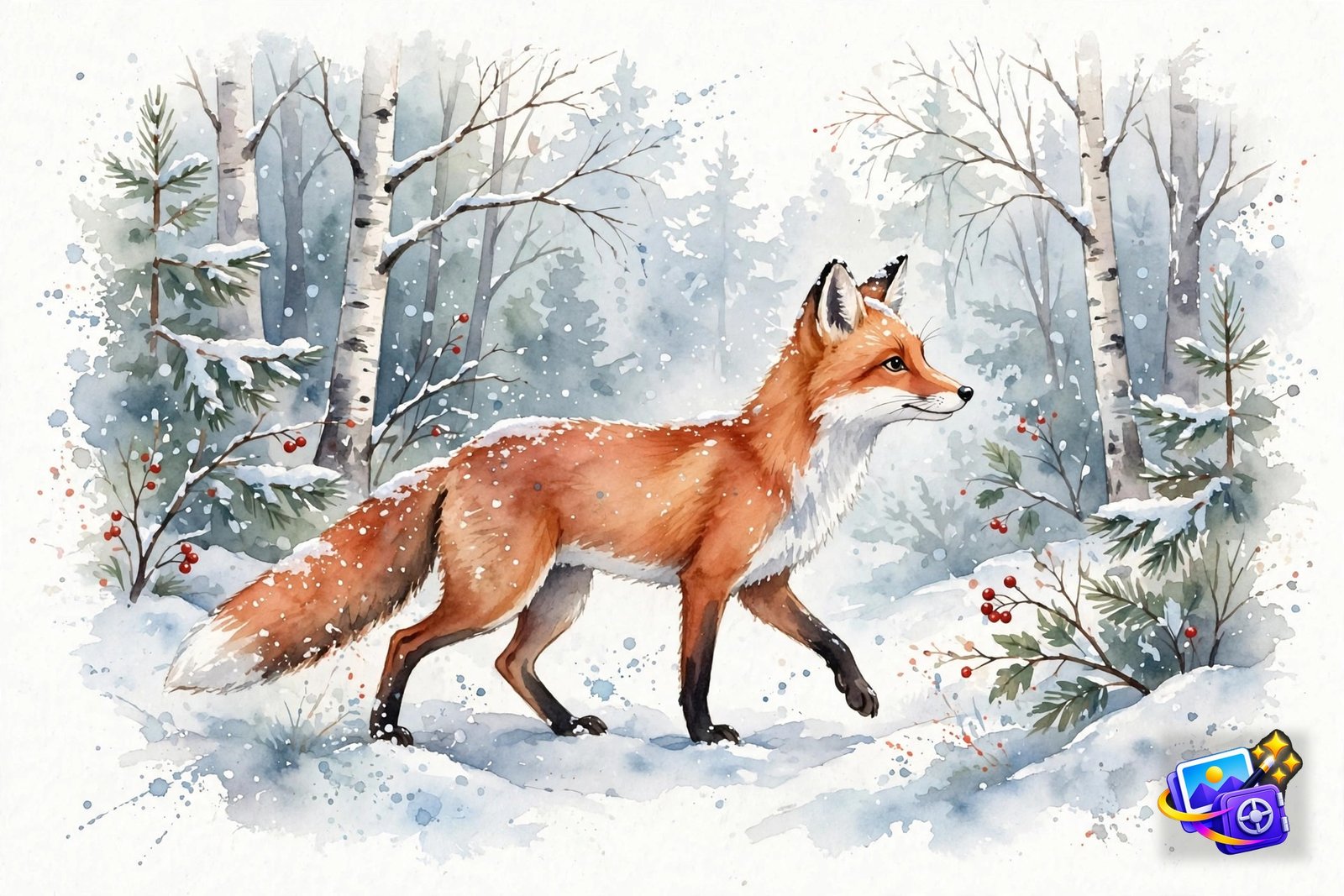 Watercolor fox illustration made with a good AI image prompt, red fox in a snowy forest