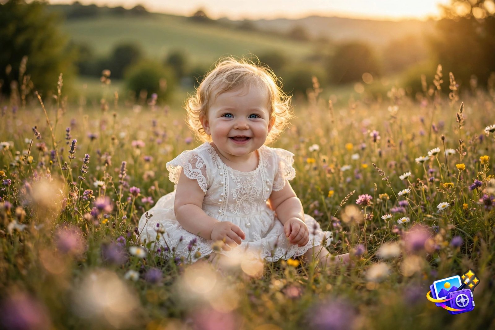 Baby girl in white lace dress in a wildflower meadow at golden hour, Gemini baby photoshoot prompt