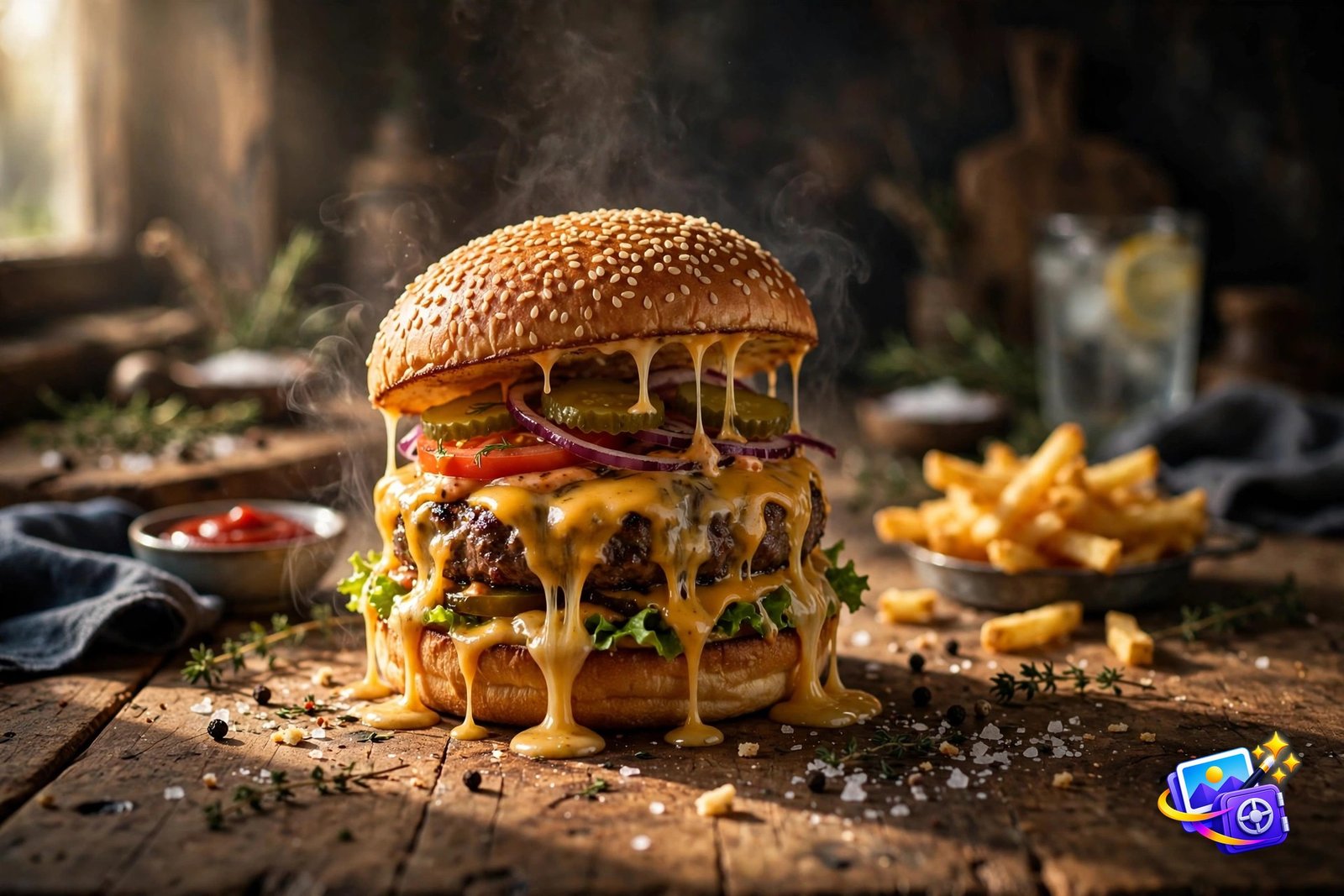 Gourmet cheeseburger food photography generated with a good AI image prompt, melting cheese on a rustic table