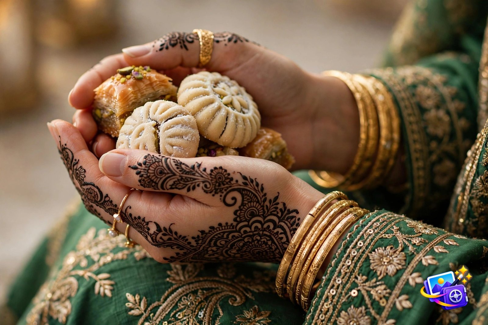 Woman's hands with intricate henna mehndi holding Eid sweets, Eid AI photo prompt close-up