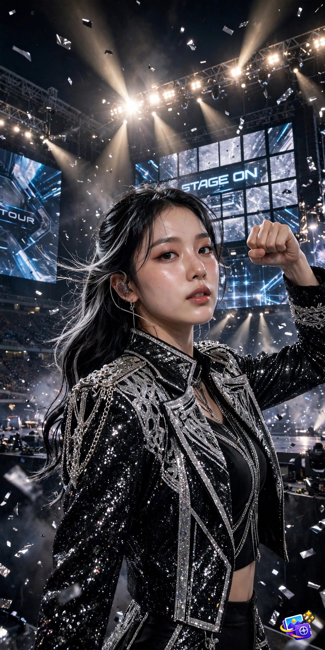 Korean performer in a sparkling stage outfit under concert spotlights with confetti, k-drama style photo prompts example