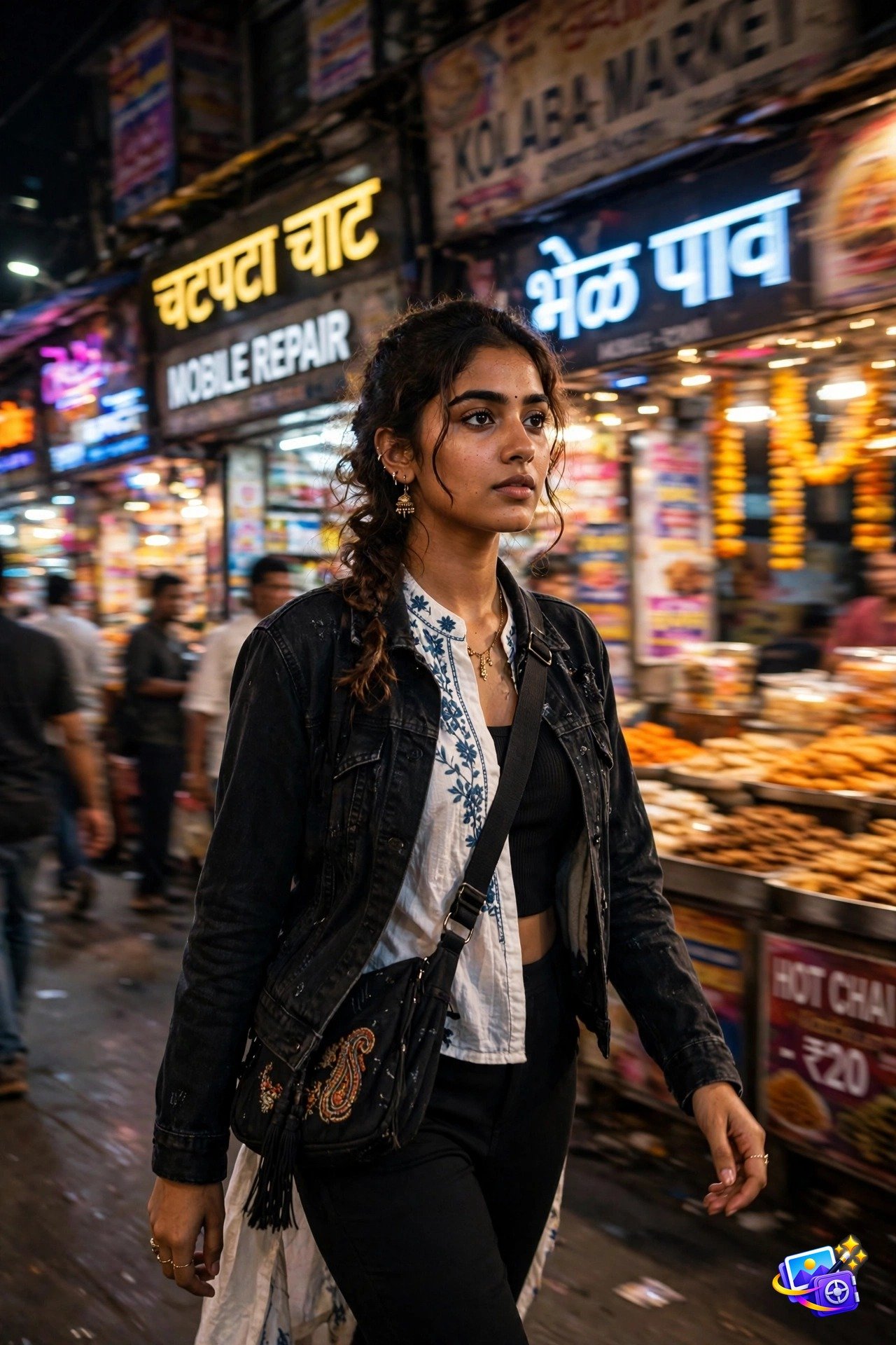 Stylish young Indian woman in Indo-western streetwear walking through a Mumbai market at night, bollywood style ai photo prompts example