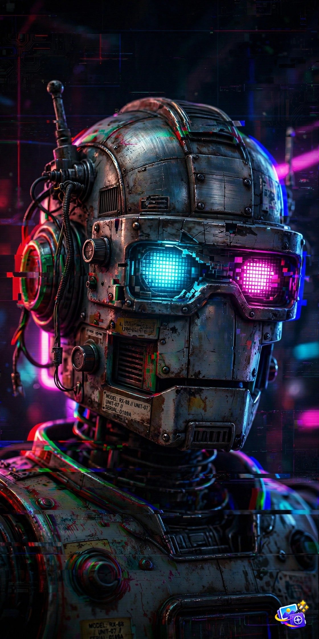 Neon glitch robot art generated with a cool AI image prompt, RGB distortion on a dark background