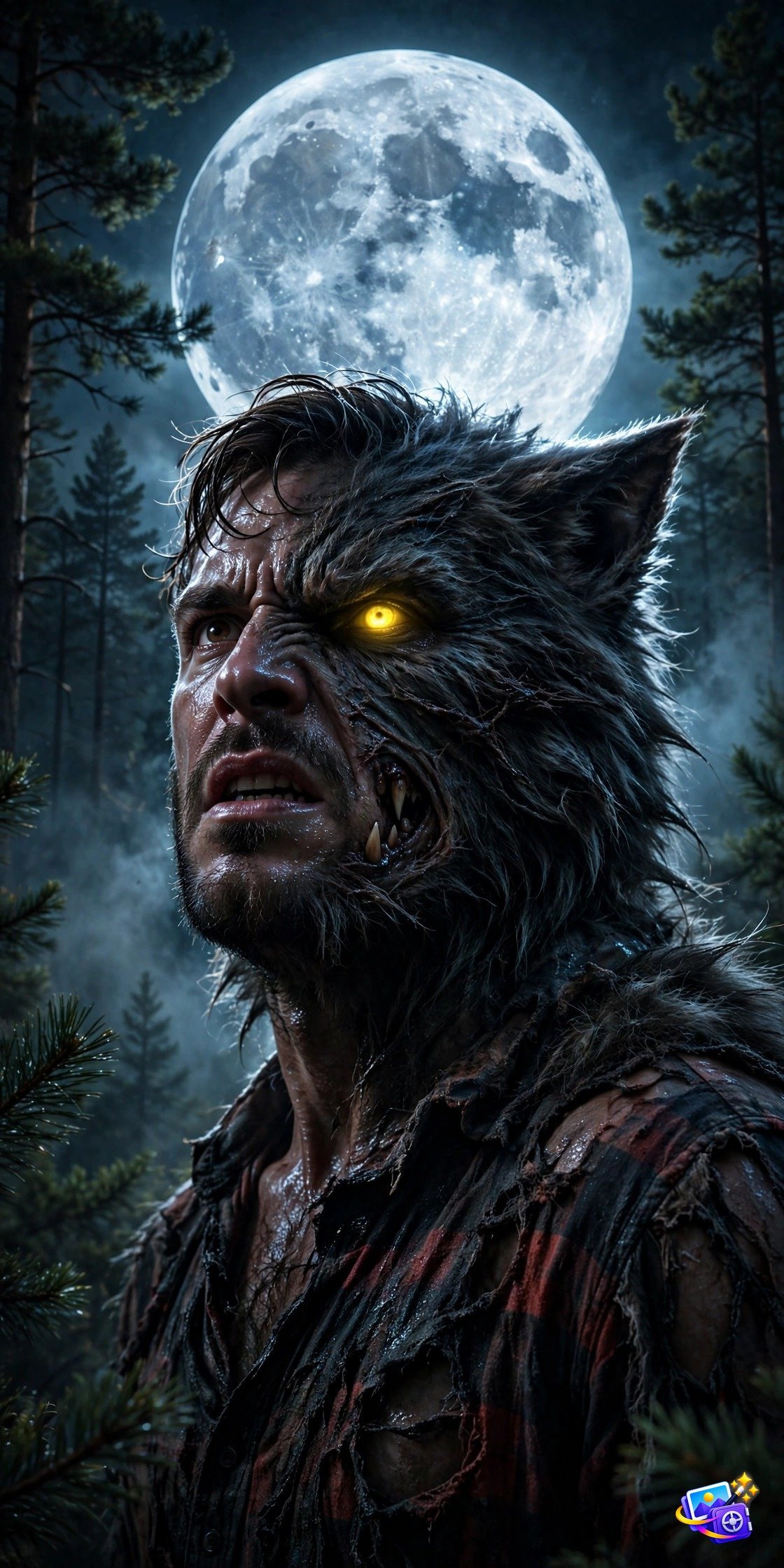 Werewolf man mid-transformation under a giant full moon in a pine forest, Halloween AI photo prompt example