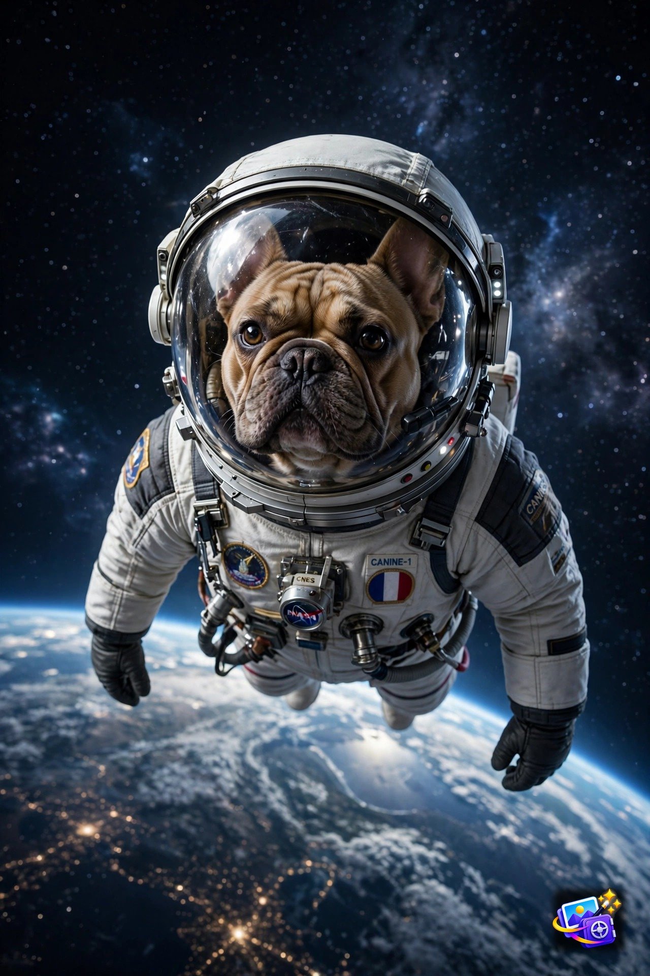 French bulldog astronaut floating in outer space with glowing Earth behind, pet AI photo prompt example