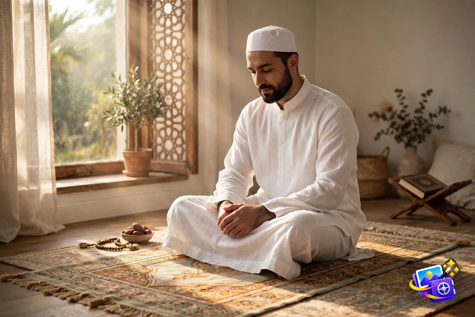Man in white attire on a prayer mat in morning sunlight, serene Eid AI photo prompt